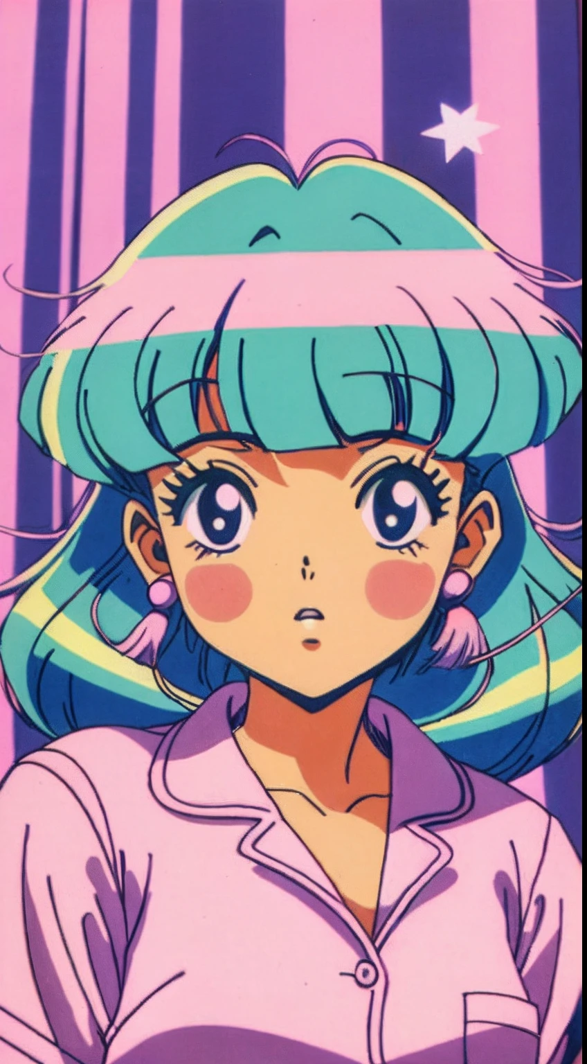 1 menina, Deitada em uma cama，Cabelo cacheado，(pijama), Cabelo cobrindo o rosto, Segurando um travesseiro, Travesseiro cobrindo o rosto，cor pastel，Retro anime，Anime dos anos 1990，tmasterpiece，best quality
