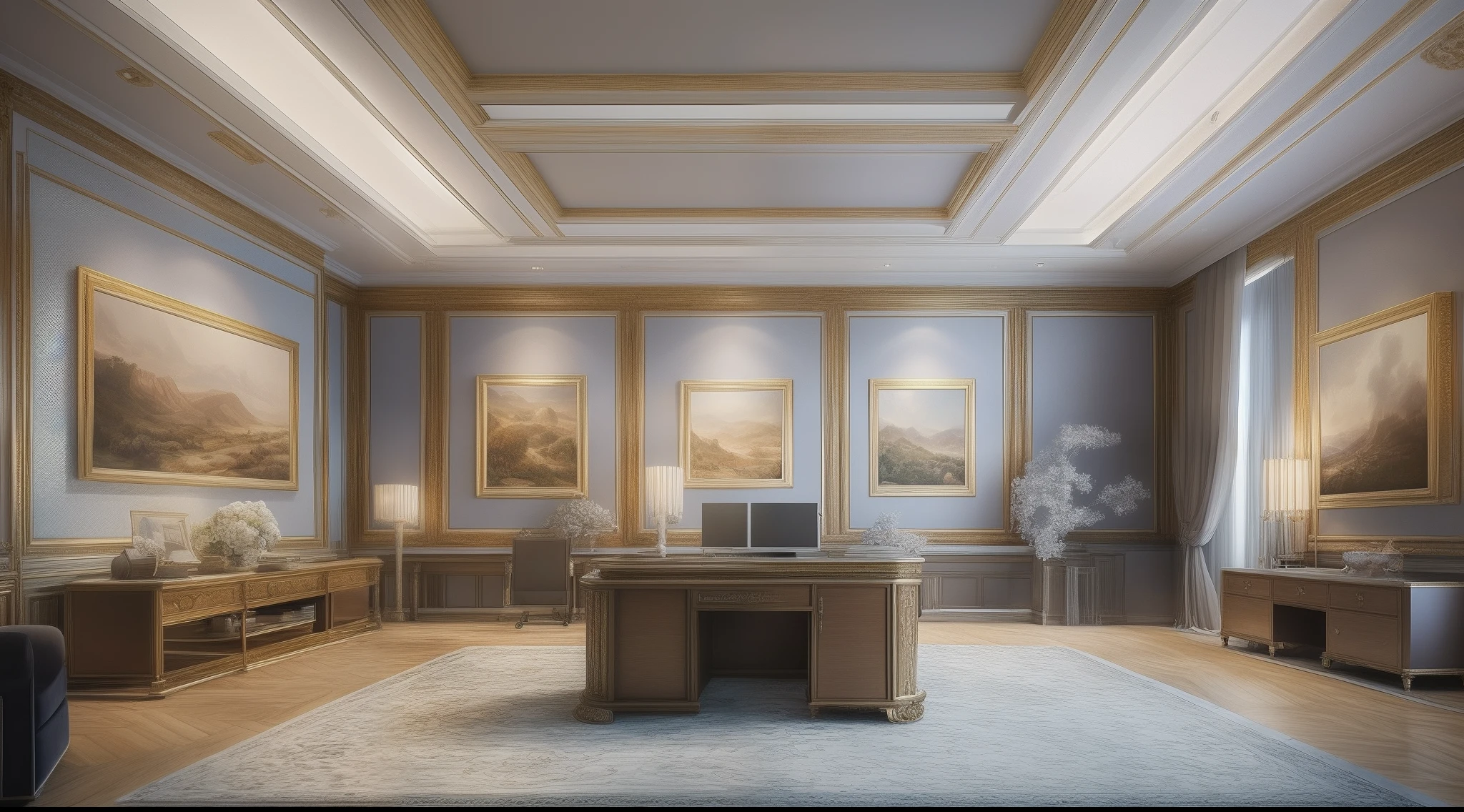 shot from front、Office、The whole picture、Quite large room、Quiet room、masterpiece, top-quality, in 8K , intricate detailes, ultra-detailliert , light Particle、32K Digital Paint, Hyper-Realism,