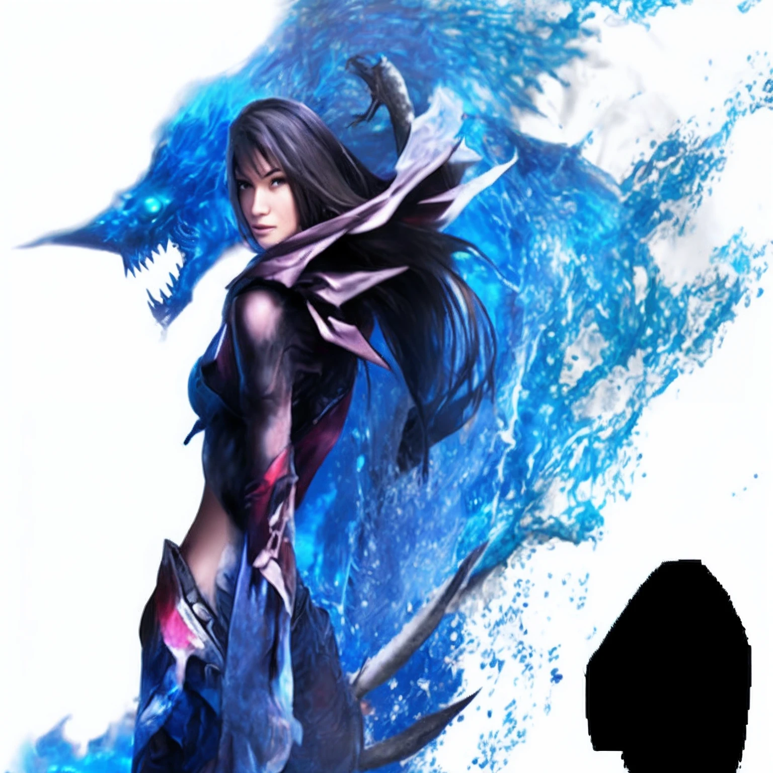 anime girl with blue hair and a massive sword, standing on the back of a monster in her hand, 1girl, boa hancock, jewelry, dress, breasts, long hair, earrings, black hair, high heels, large breasts, copyright name, snake, hand on hip