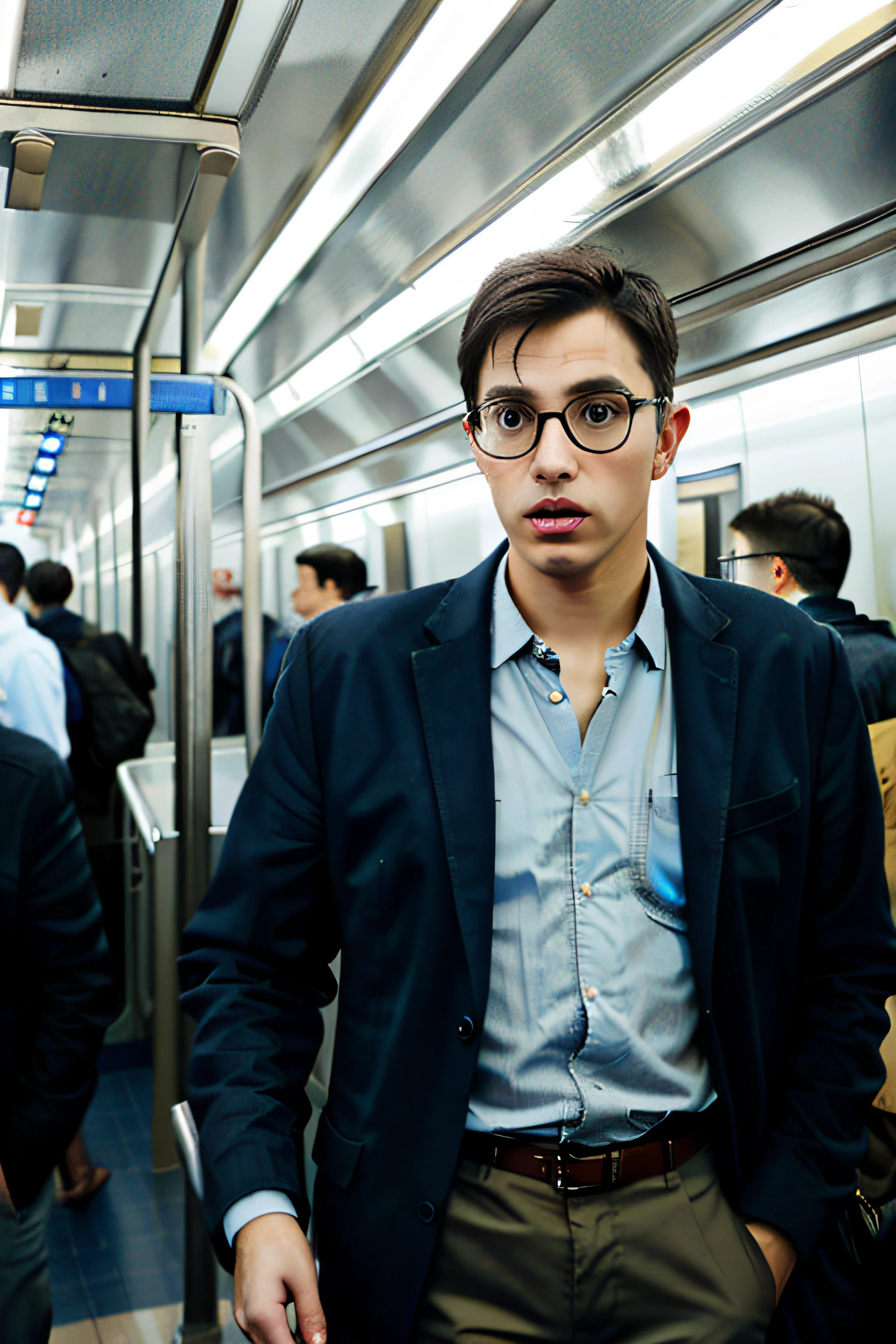 A bespectacled man talking on the subway