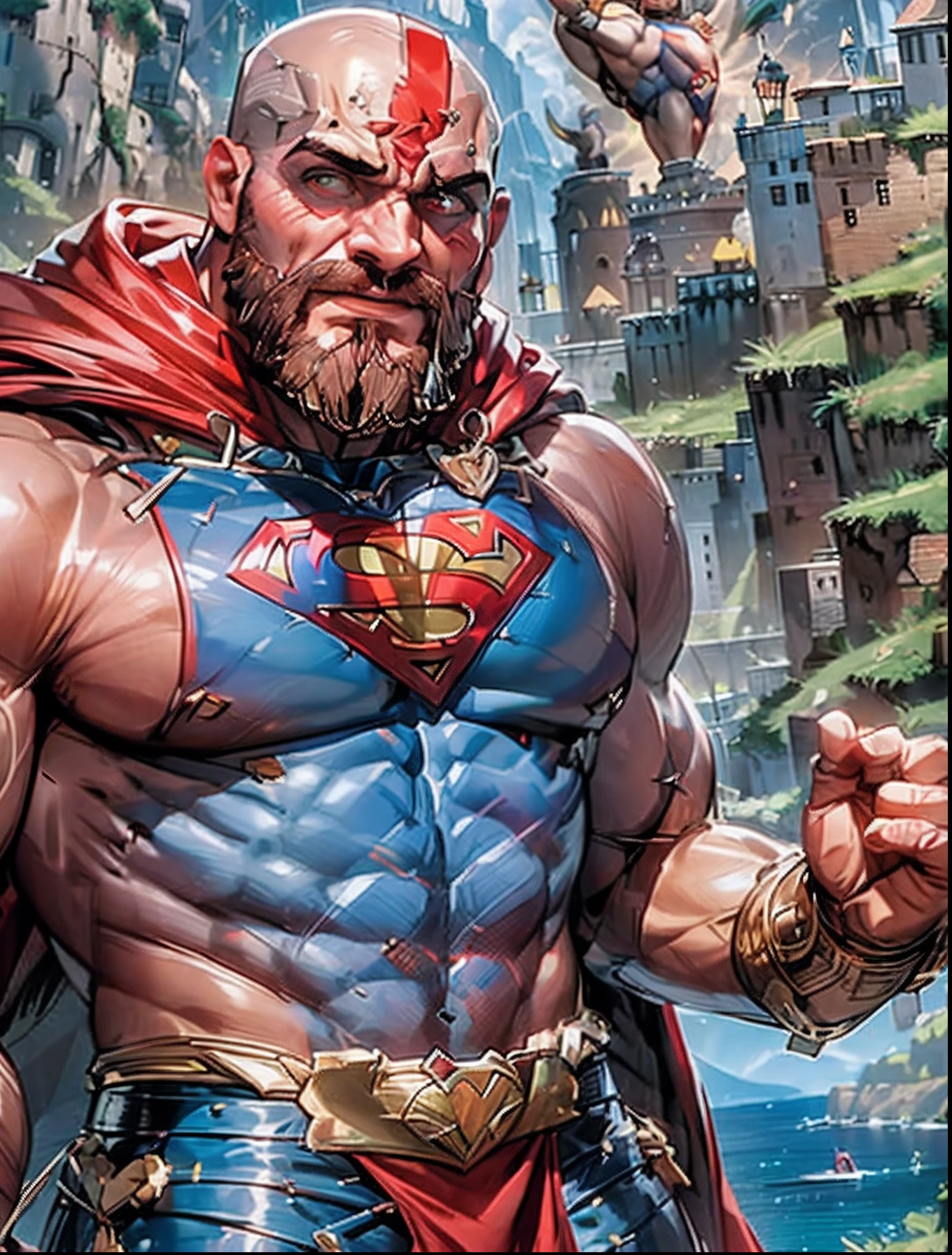 Um close up de um Superman parado em frente a uma cidade, Directed by: Ignacio Zuloaga, Directed by: Juan O'Gorman, Directed by: Drew Tucker, inspirado em Ryan Barger, Mark Brooks detalhou, Directed by: Luis Miranda, jason fabok. Greg Grampos, inspirado por Rob Liefeld, Directed by: Ryan Barger, homelander dos meninos