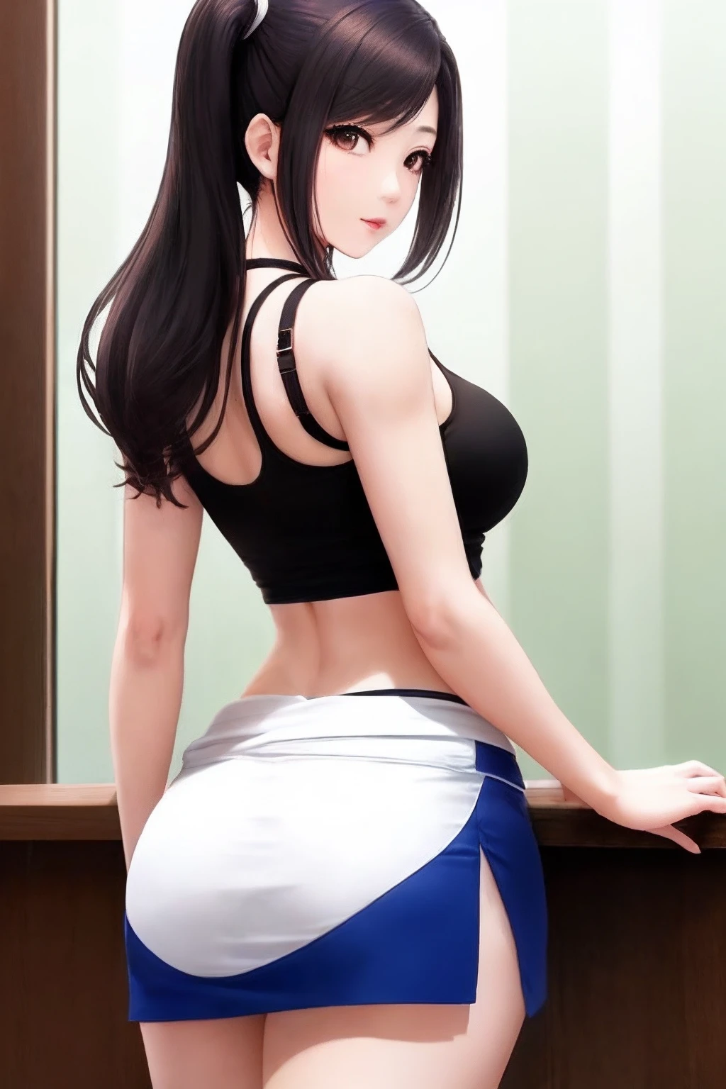 rialistic photo、Real Images、Top image quality、poneyTail、Listen to Tsuchiya、Arab asian woman in white tank top and blue skirt, Tifa Lockhart, Tifa, Tifa Lockhart, Japanese Models, seductive tifa lockhart portrait, Korean Girl, trending at cgstation, beautiful japanese female, waist - shot, showing her shoulder from back, Beautiful ass、Beautiful arms、sakimichan, skinny waist and thick hips, Back Pose