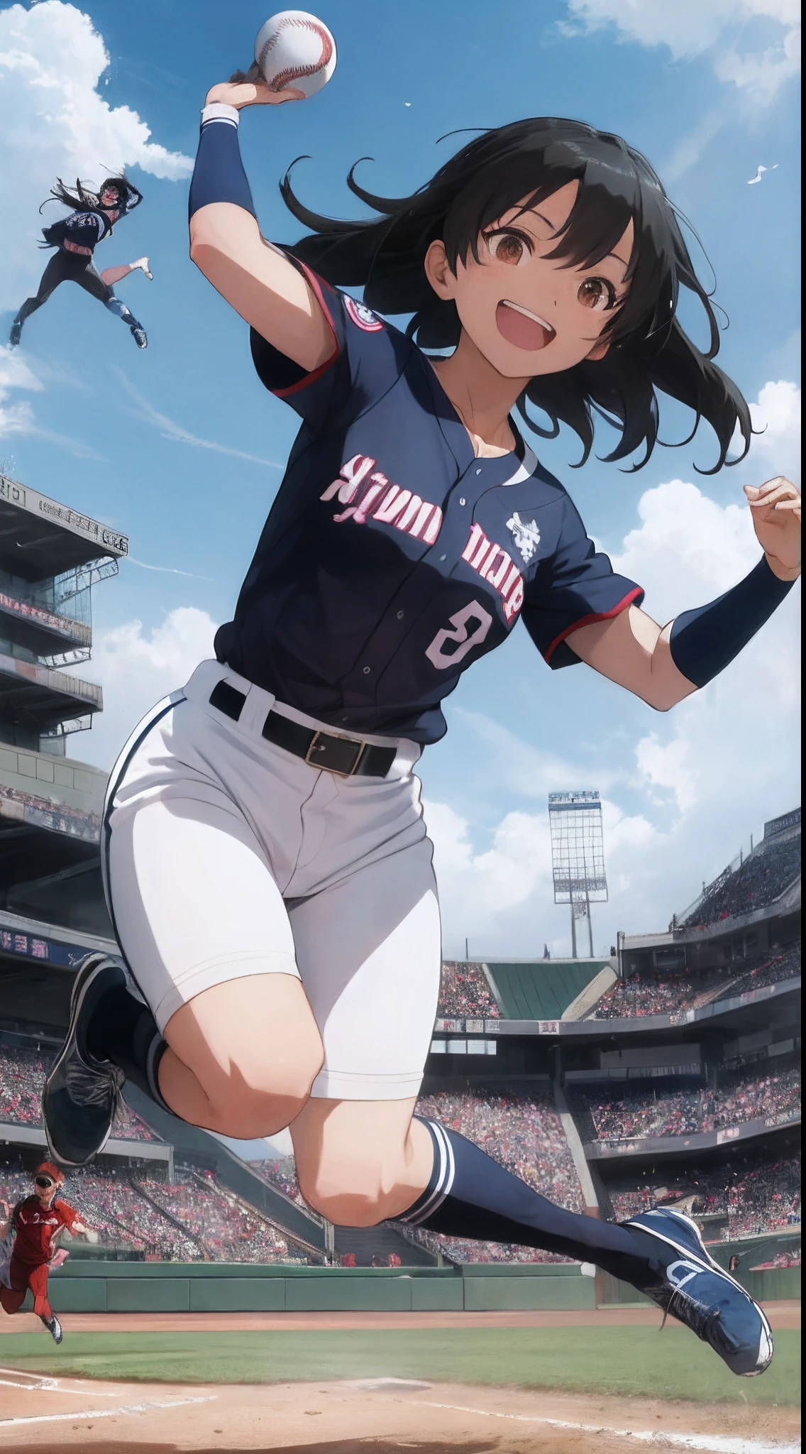 It depicts the activities of a dog beast-eared girl who breaks into a baseball game.。baseball、(((Two dog girls and an outfielder:1.9)))、(two people:1.5)、Aerial Play、Direct Catch、globe、Caught with a glove、Catch the ball、jumpping、Oversized Jump、Caught in the air、Dog Daughter、The moment an outfielder catches a bullet liner home run ball、Direct catch with mouth with incredible speed and leaping power。Outfielders、I jump where I can reach the ball.、At that moment、A dog girl flies higher than an outfielder to catch the ball。Dog Daughter、Hold the ball and land with a smile。Spectators and teammates、Cheers and applause for the phenomenal play of the dog daughter。 This work is、A work full of speed and dynamism。The dog daughter and the outfielder's chase、Breathtaking developments。Beast Girl、Sprint。Outfielders、I will run as hard as I can to protect myself。As a result、Shocking scenes that take place in the air are created。This work is、In depicting the passion and skill of a dog daughter、Captivates the viewer's heart。Dynamism、force、Dull hair、energy、Dust visualization、Wind visualization、Dog girl、uniform、globe、Canine ears、Dog tail、Wild movement、Delightful dog、Overwhelming jumping power is a showcase.、Outfielder in background、Woman chasing the ball。