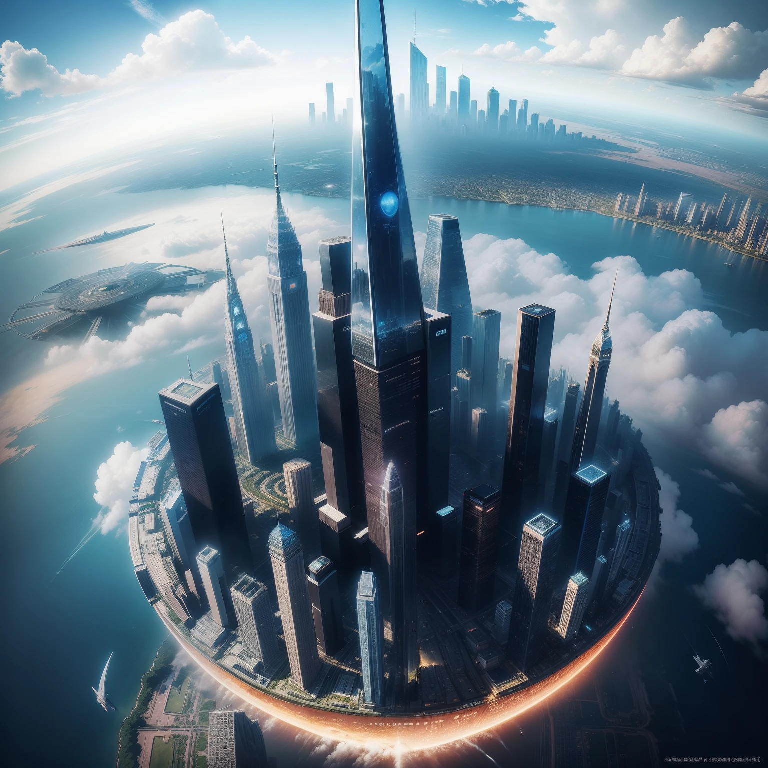 Skyscrapers tall through the clouds、cyberpunked、planet earth、epcot、SFart by、top-quality、masterpiece、Ultra High Resolution Super Huge Castle Megacities