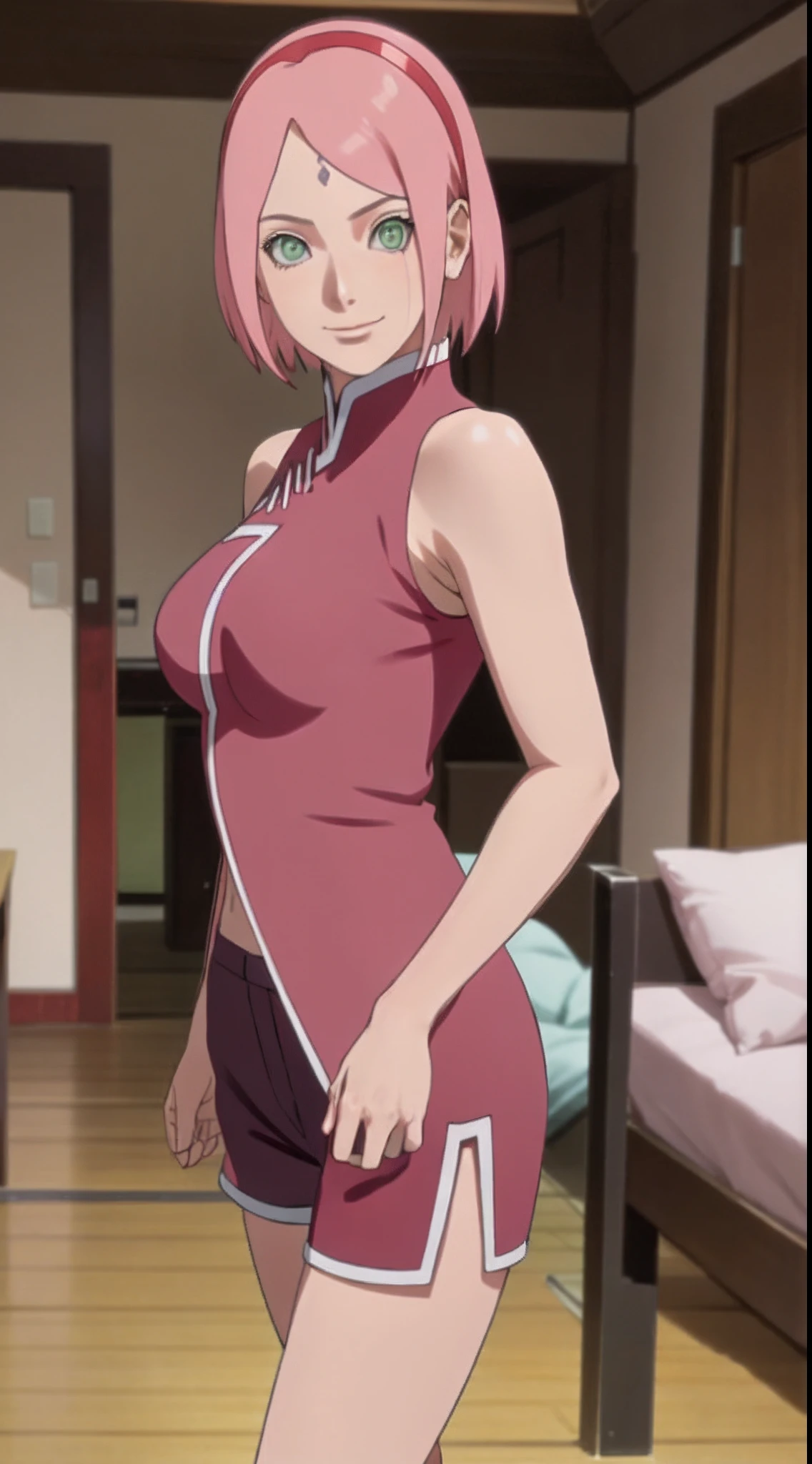 Sakura haruno,Spaltung,smil,Rot im Gesicht sein,drinnen im Zimmer,Nahaufnahme Nahaufnahme,mit einer guten Figur,front view,standing,arms behind back,mid large breasts,BH,shorts,