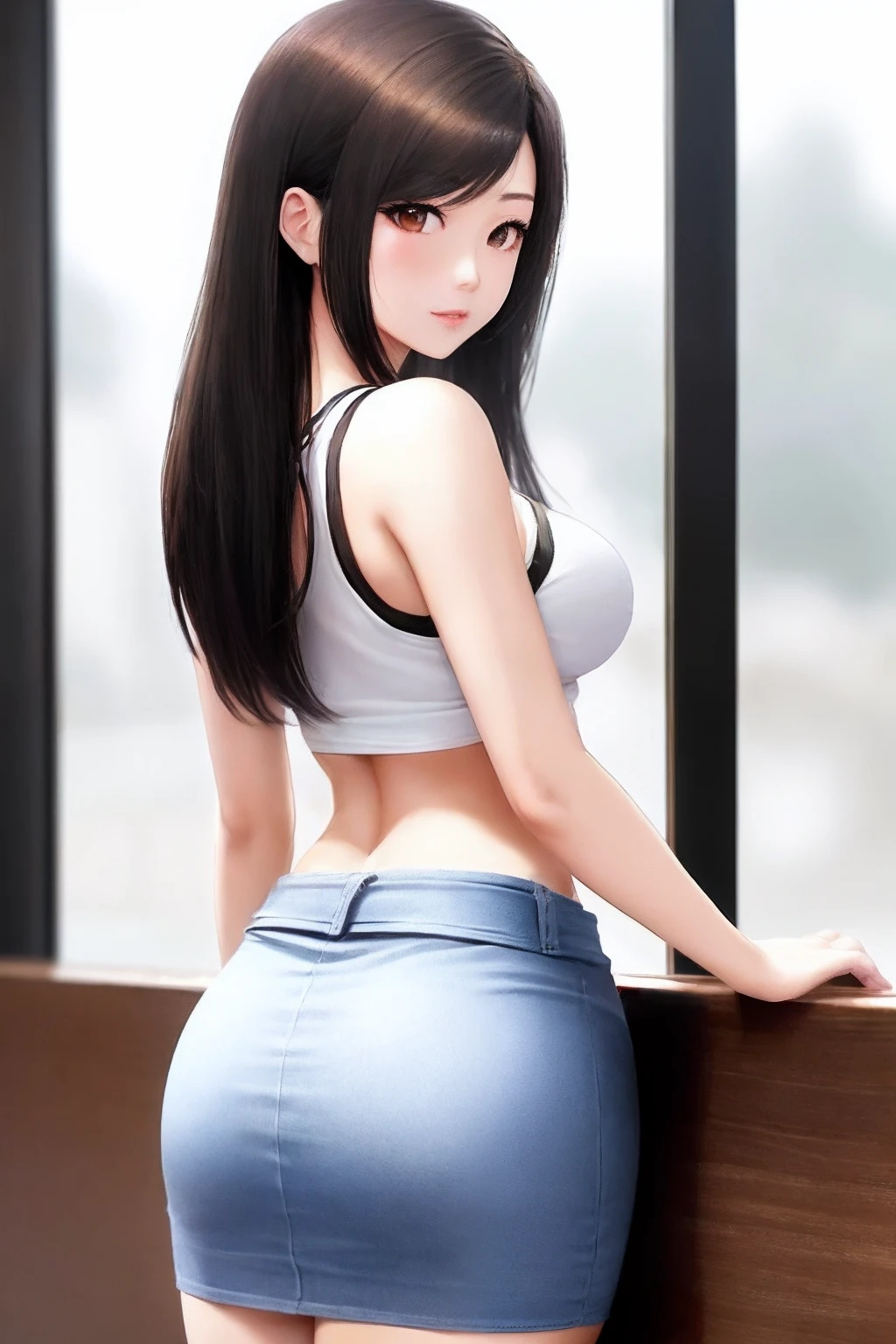 rialistic photo、Real Images、Top image quality、poneyTail、Listen to Tsuchiya、Arab asian woman in white tank top and blue skirt, Tifa Lockhart, Tifa, Tifa Lockhart, Japanese Models, seductive tifa lockhart portrait, Korean Girl, trending at cgstation, beautiful japanese female, waist - shot, showing her shoulder from back, Beautiful ass、Beautiful arms、sakimichan, skinny waist and thick hips, Back Pose
