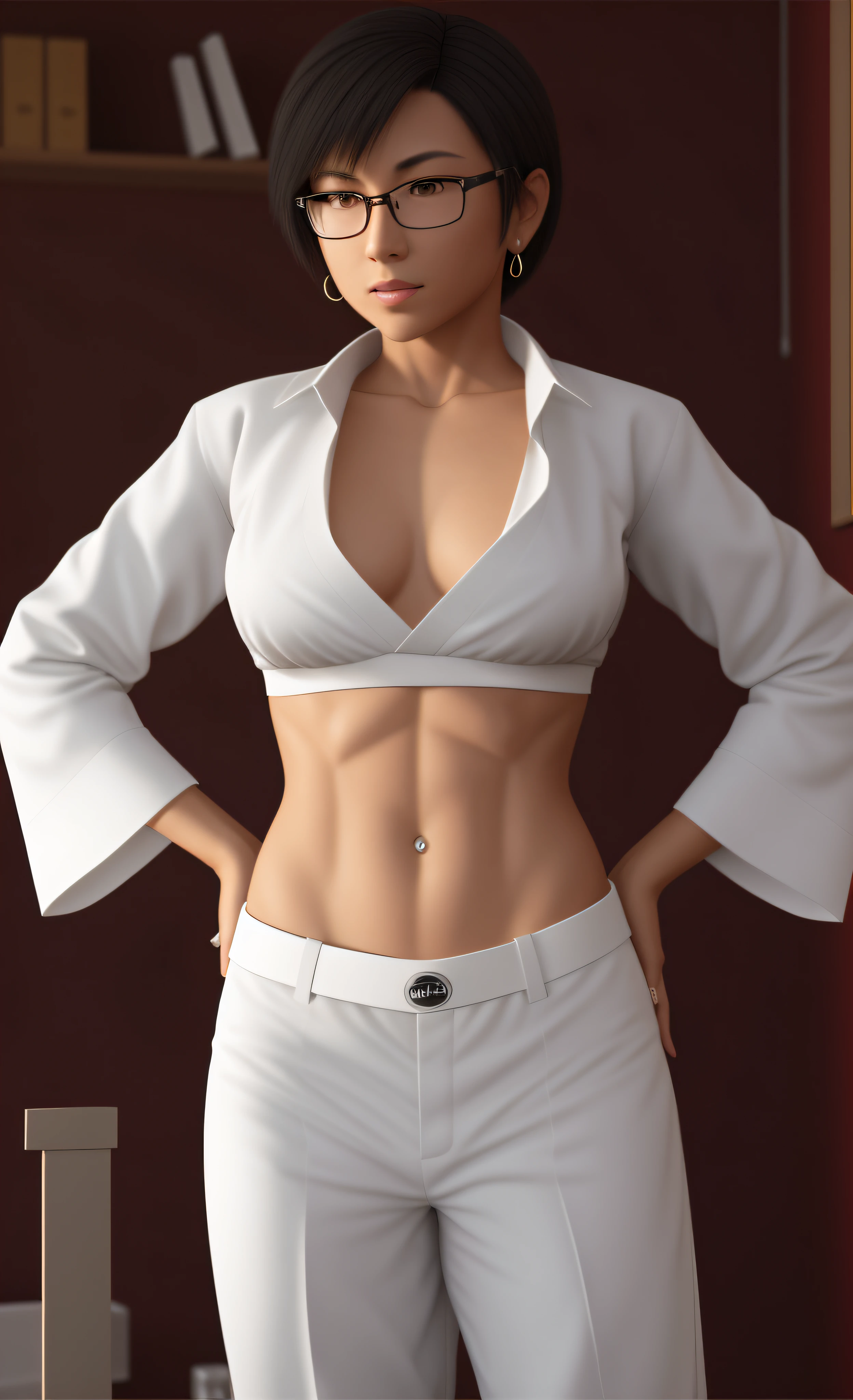 her deep belly button is exposed without any piercing, very short french-style haircut elderly nerd karate woman in a very skimpy midriff-shirt and very low-rise pants posing for a karate stance, slender figure, realistic karateka body, brazenly unglued, one-button pinned midriff-shirt, very unbuttoned, full body close-up shot, 3 d render of a full black belt karate female, smooth 3d cg render