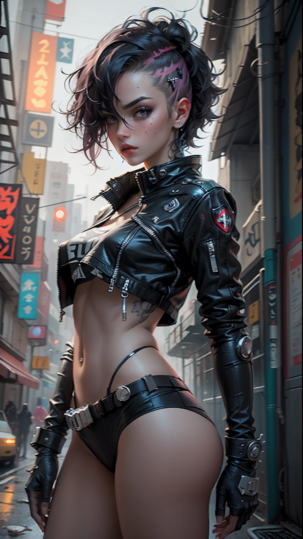 Beautiful woman, vigilante, cabelos tingidos, roupas de couro sexy, seios longos, estilo cyberpunk, realista detalhado, fechar, retrato, punk, rebelar-se