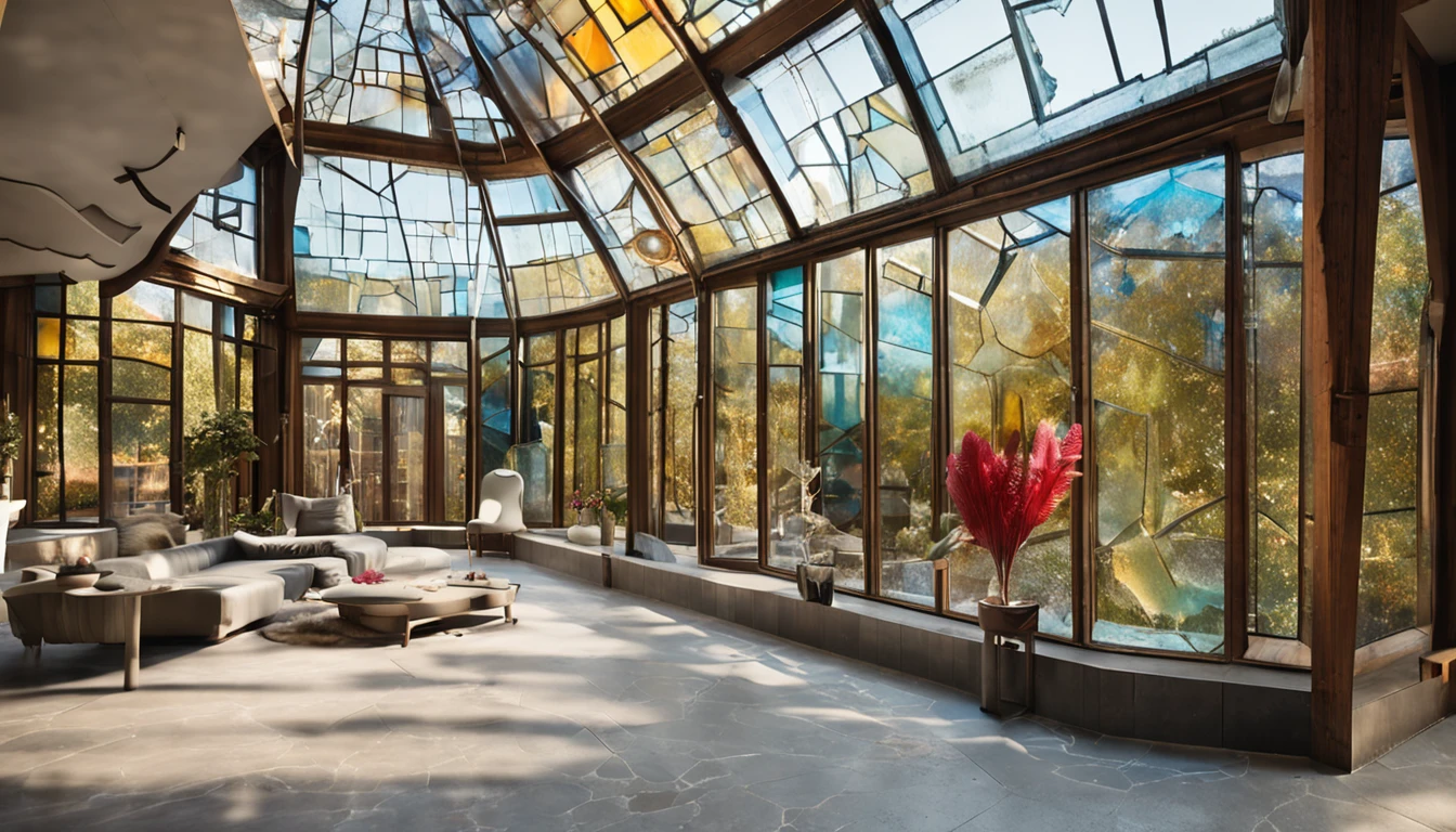 The Glass Castle rises majestically amidst a breathtaking landscape. The structure, inspired by the artistic ideas of the protagonists' parents, reflects a blend of eccentric creativity and vulnerability. The castle is entirely constructed from glass panels, forming translucent walls that allow sunlight to enter and illuminate every corner of the interior space. The castle appears almost ethereal, with its glass towers stretching toward the sky like giant crystals. The glass walls are adorned with vivid paints, depicting scenes from the family's life in intense and vibrant colors. The interior is an eclectic mix of handmade and peculiar furniture, reflecting the bohemian spirit of its residents. At the heart of the castle, there is a grand glass hall with a vaulted ceiling that allows glimpses of the stars at night. The floor is covered with intricate mosaics portraying important moments from the family's history. An imposing glass staircase leads to the upper floors, where rooms are divided by curtains of colorful beads, providing a sense of privacy without losing the ethereal and transparent atmosphere of the castle. Around the castle, lush gardens with wildflowers and exotic plants create a picturesque contrast with the fragile glass structure. Nature seems to embrace the castle, as if protecting it tenderly.