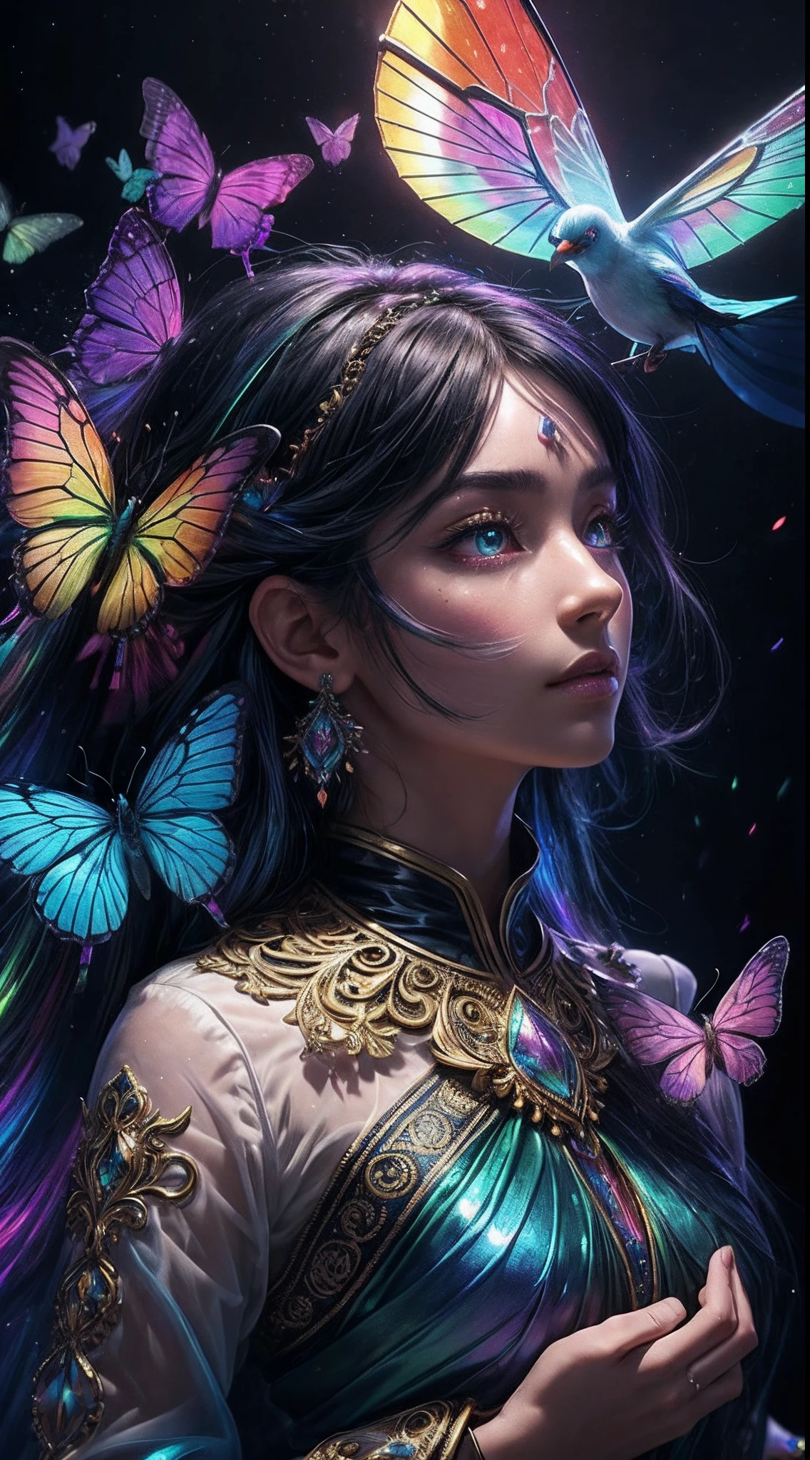 (((masterpiece))), (((ornate))), (((best quality))), ((ultra-detailed)), (highly detailed CG illustration), ((an extremely delicate and beautiful)), cinematic light. Create a stunning fantasy artwork that mimics the style of currently trending masters of the genre. The art piece should contain rich and ornate elements of both mythic fantasy and fairytale fantasy with colorful rainbow accents and dark jewel-toned hues. ((Utilize the rainbow as the main color scheme.)) The character in the artwork is a delicate but strong petite figure with an aura of mystery and magic. Pay close attention to intricate facial features, such as mesmerizing eyes with vibrant colors and bold shading. The character's clothing should be designed with gossamer feathers, silk, stunning embroidery, and subtle iridescent details. Incorporate (((translucent iridescent rainbows))), dreamy colors, dynamic lighting, and detailed background elements to create a sense of awe and immersion. ((Include colorful flying magical birds and jewel-toned rainbow butterflies radiating a magical aura.)) Consider the latest trends in fantasy art, such as incorporating unique lighting effects, exploring dynamic and compelling composition techniques, and experimenting with unique color palettes. Take inspiration from the top artists on ArtStation and Midjourney. Camera: Choose an angle that highlights the character's beauty and enhances the magical majesty of the artwork. Lighting: Utilize atmospheric lighting techniques to create depth and mood. Resolution: Aim for a high-resolution artwork to showcase intricate details and clarity. Art Inspirations: Seek inspiration from the trending artists on ArtStation, exploring different styles, genres, and themes.
