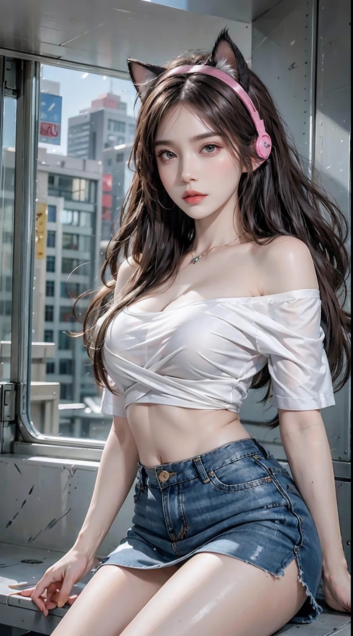 photorealistic, high resolution, soft light,1women, solo, hips up, shining skin, (detailed face), jewelry, tattoo, off-shoulder t-shirt, skirt, pink headphone, cat ears headphone