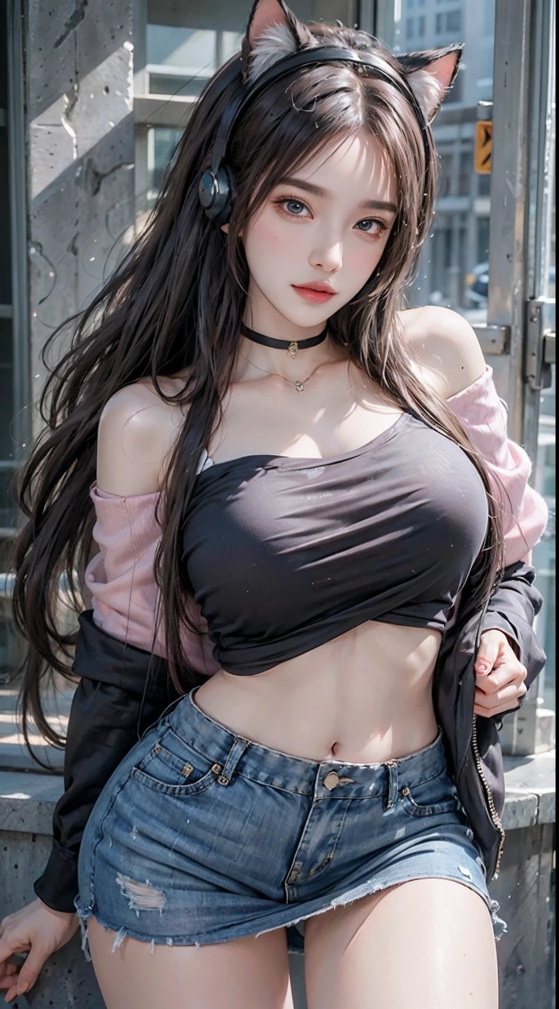 photorealistic, high resolution, soft light,1women, solo, hips up, shining skin, (detailed face), jewelry, tattoo, off-shoulder t-shirt, skirt, pink headphone, cat ears headphone