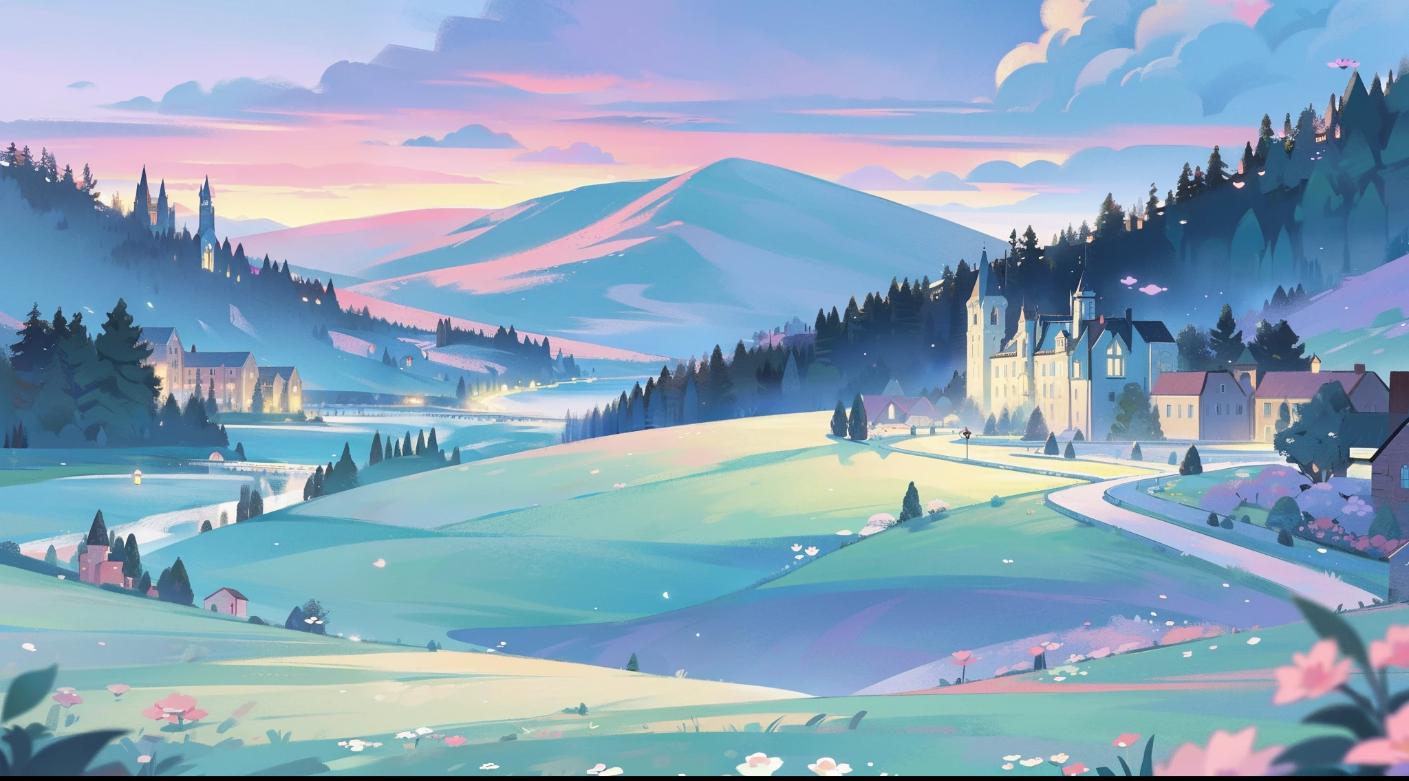 masterpiece, best quality, 8k resolution, sharp focus, intricate detail, beautiful landscape, ((fantasy storybook castle)), ((magical otherworldly landscape)), colorful, whimsical, magical, high resolution, fine details, fantasy, lake, flowers, garden, village, (huge castle), colorful beautiful sky