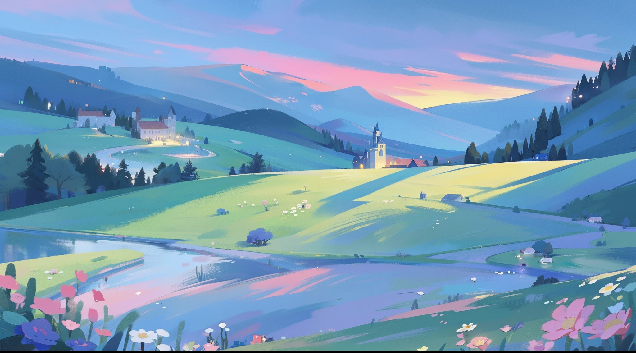 masterpiece, best quality, 8k resolution, sharp focus, intricate detail, beautiful landscape, ((fantasy storybook castle)), ((magical otherworldly landscape)), colorful, whimsical, magical, high resolution, fine details, fantasy, lake, flowers, garden, village, (huge castle), colorful beautiful sky