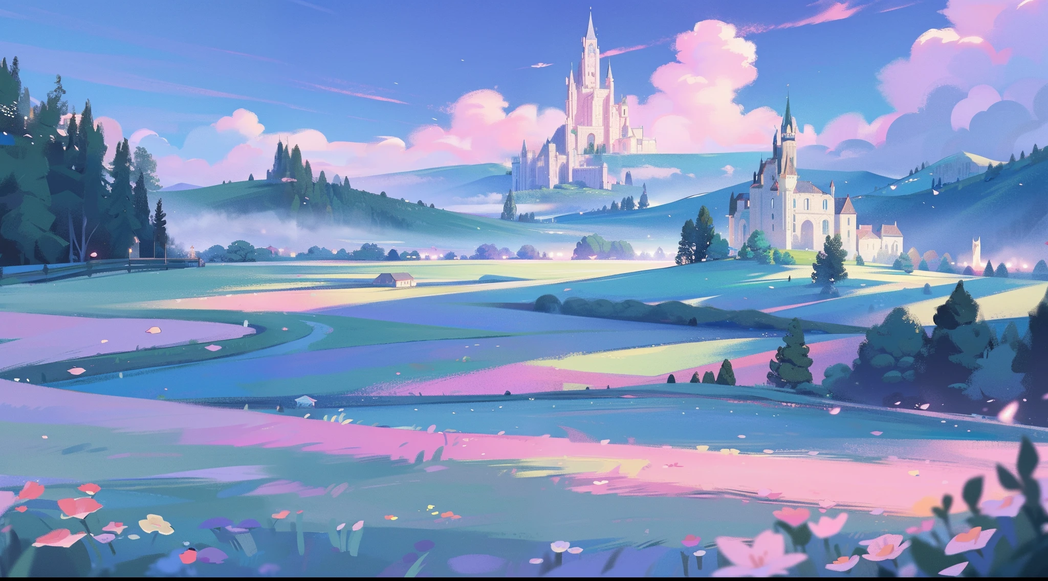 masterpiece, best quality, 8k resolution, sharp focus, intricate detail, beautiful landscape, ((fantasy storybook castle)), ((magical otherworldly landscape)), colorful, whimsical, magical, high resolution, fine details, fantasy, lake, flowers, garden, village, (huge castle), colorful beautiful sky