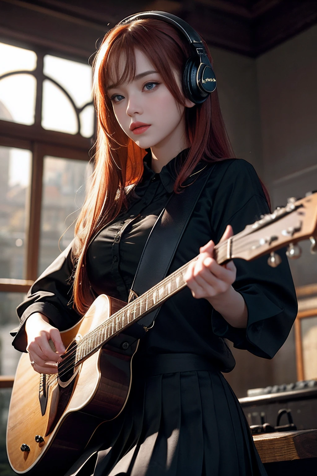 Photo of 1girl, flirting to the camera, ((cinematic light)), hyper detail, (best quality photo:1.2), clearly, dramatic light, intricate details, best quality, (detailed background:1.4), (beautiful detailed face, beautiful detailed eyes), High contrast, (best illumination, an extremely delicate and beautiful),(girl:1.5), solo, black skirt, blue eyes, electric guitar, guitar, headphones, holding, holding plectrum, instrument, long hair, one side up, redhead, playing guiter, pleated skirt, black shirt, indoors ((caustic)), dynamic angle, full body, cowboy shot,