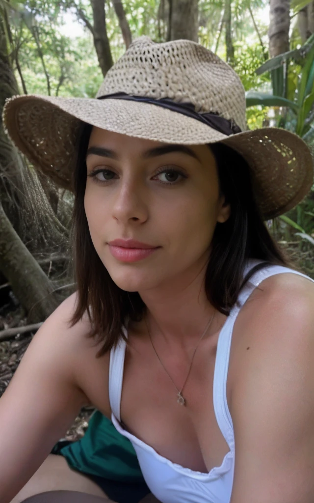 Angelina Jolie ((selfie da parte superior do corpo, feliz)), obra-prima, melhor qualidade, ultradetalhada, solo, ao ar livre, (noite), montanhas, natureza, (estrelas, lua) alegre, feliz, mochila, saco de dormir, camping stove, water bottle, botina country, Country Hat, camisa xadrez vermelha manga comprida aberta, lanterna, floresta, pedras, rio, madeira, smoke billowing, sombras, contraste, clear sky, estilo , (matiz quente, tom quente: 1,2), close-up, cinematiclight, side-lighting, Ultra high resolution, melhor sombra, RAW, parte superior do corpo, vestindo lingerie, olhar sedutor, seios enormes, 4k, open neckline, sexy