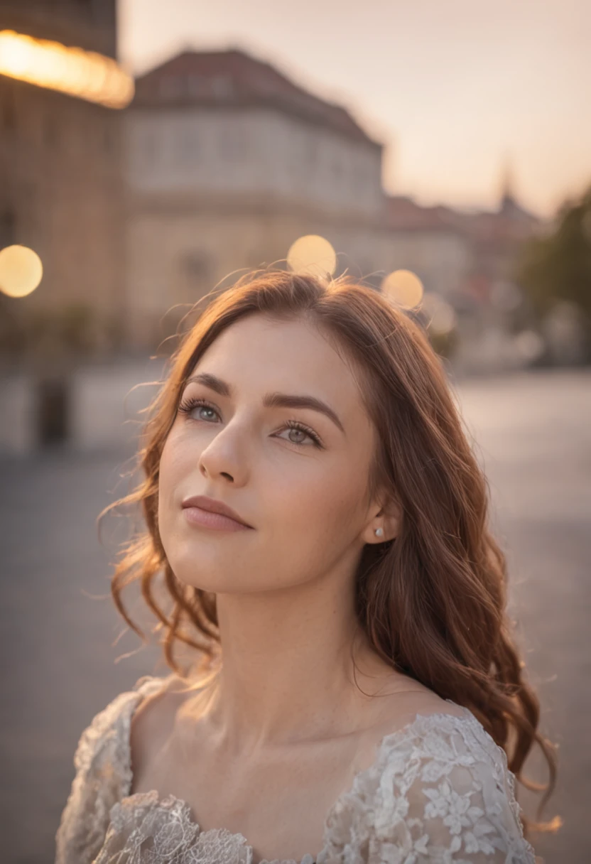 Woman smiling with tears in her eyes, emocionada, watching the sunset in a classic city, cabelos longos e olhos castanhos