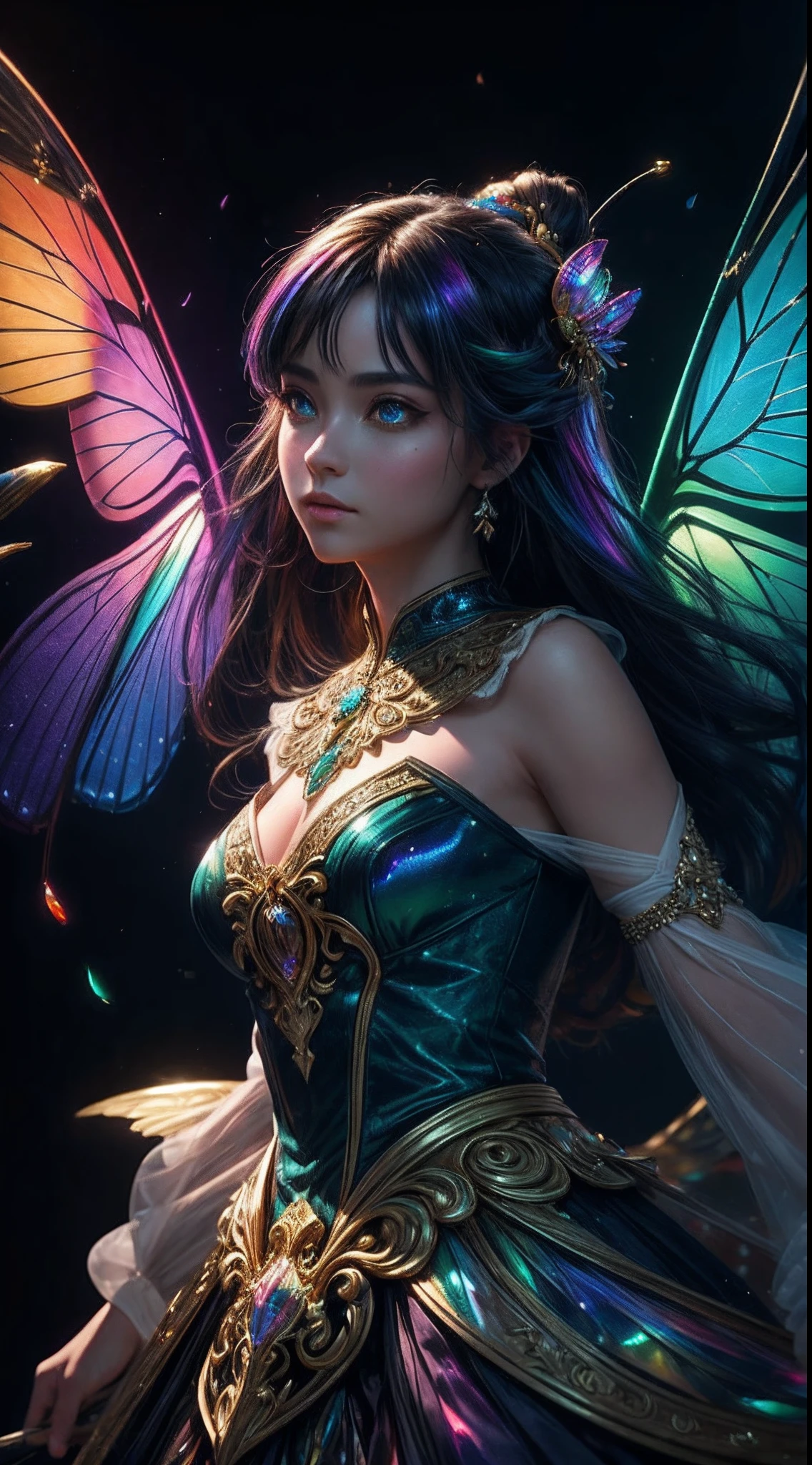 Vibrant colors、((masterpiece)))、(((top-quality)))、((ultra-detailliert))、(A hyper-realistic)、(highly detailed CGillustration)、Official art、Fantastic and beautiful backgrounds、Decadent、Madame Papillon、Masquerade、Elegance、Masks that cover most of the face、Colorful and detailed mask design、matchless beauty、Fans、Gorgeous Cocktail Dresses、jewely、Perfect Angle、perfect-composition。full body Esbian