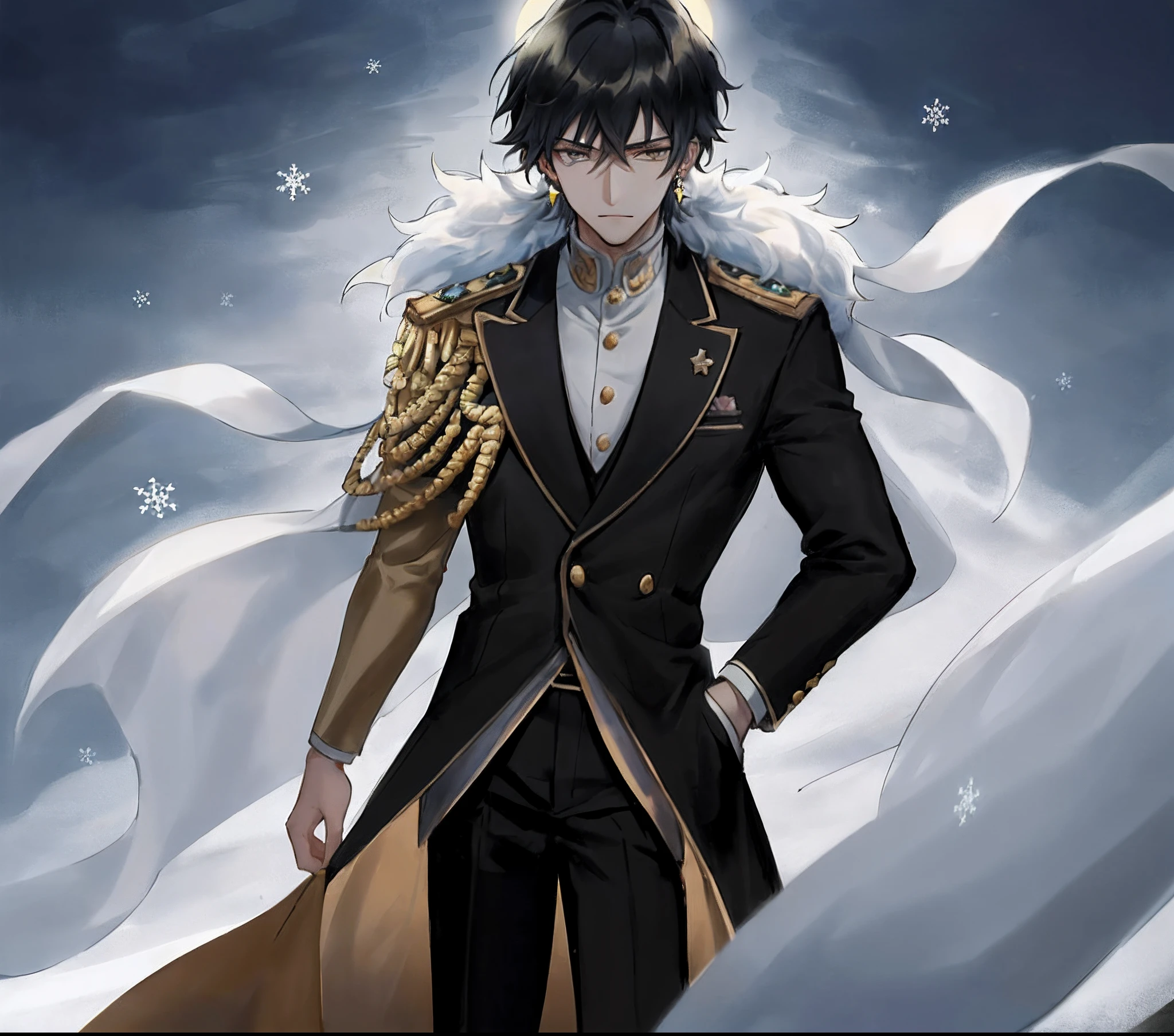 a prince anime (16-17 age) with long black hair with a few strands of white glitter, golden eyes like golden lights in the sky, wearing a pair of earrings symbolizing the sun, wearing a black suit with a triangle pattern, tall body,  the collar shows off his muscles, looks cold and forbidding, the skin is as white as snow, classic style