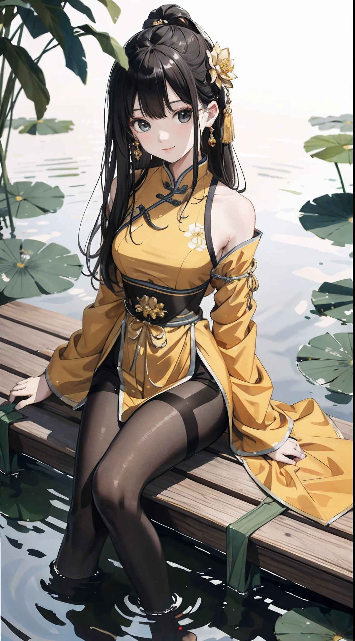 hoang lap,8K high resolution,ultra - detailed,(1girll:1.3),handpainted,Simple lines, wearing golden Chinese clothes and black pantyhose,beuaty girl,In the lotus pond,tmasterpiece,Sit on a plank floating in the water,Floating hair,looking toward the viewer,ssmile,posed for photo,