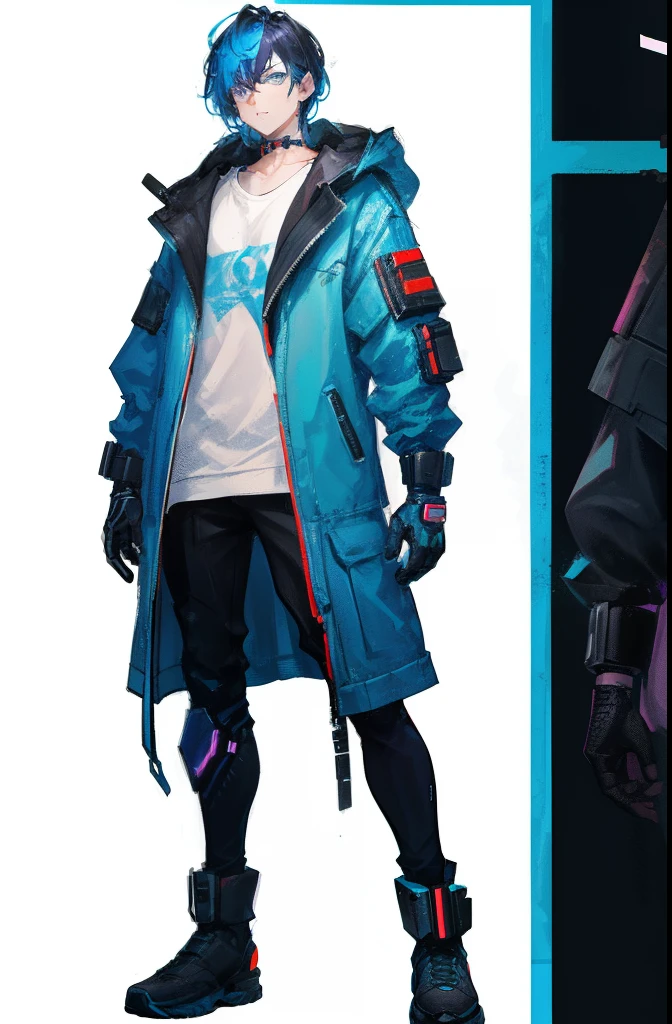 A Game art design character sheet and Ink drawing line art about a boy with dark blue hair, wearing a cyberpunk full clothes, cyberpunk boots,