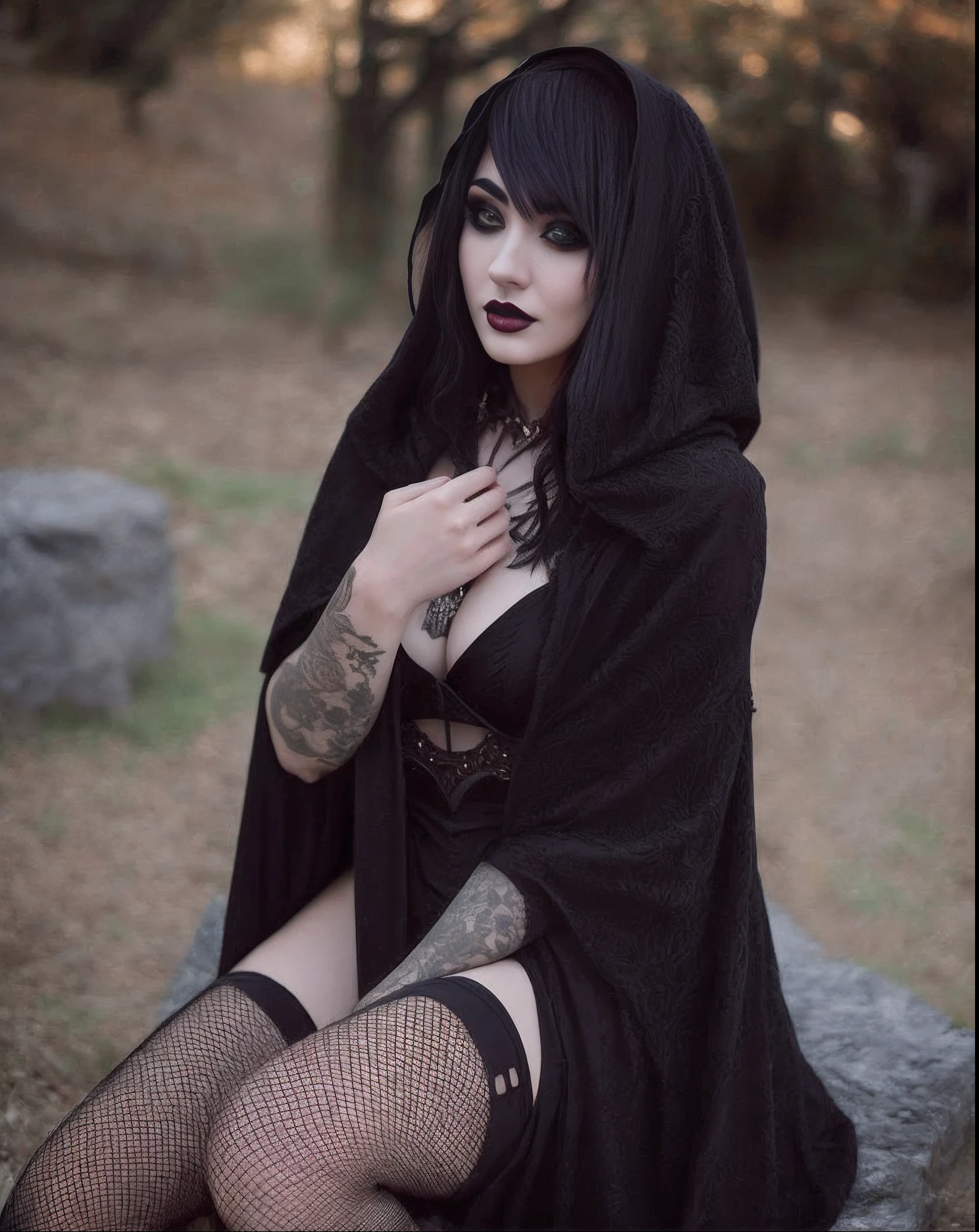 Woman in black dress sitting on the rock with hood over her head, gothic wearing hooded dark cloak, goth woman, goth girl, Bruxa Vestida Escura, gothic horror vibes, Bruxa das Trevas, bruxa escura da moda, gotic girl, gothic maiden, Capuz redondo preto e capa, necromancer bonita, very beautiful goth top model, detailed gothic cloak