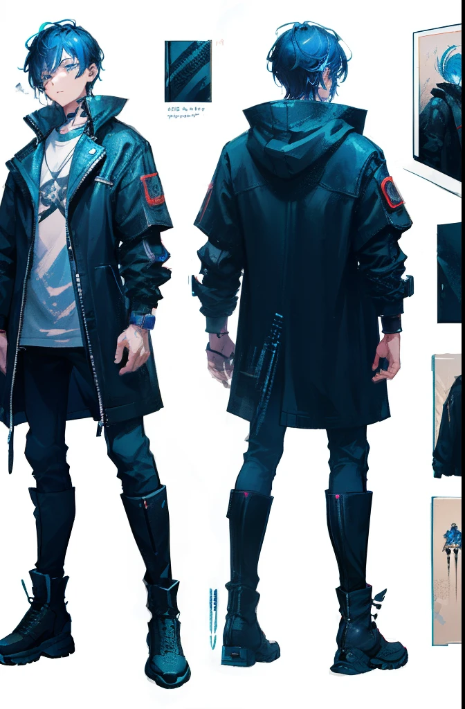 A Game art design character sheet and Ink drawing line art about a boy with dark blue hair, wearing a cyberpunk full clothes, cyberpunk boots,