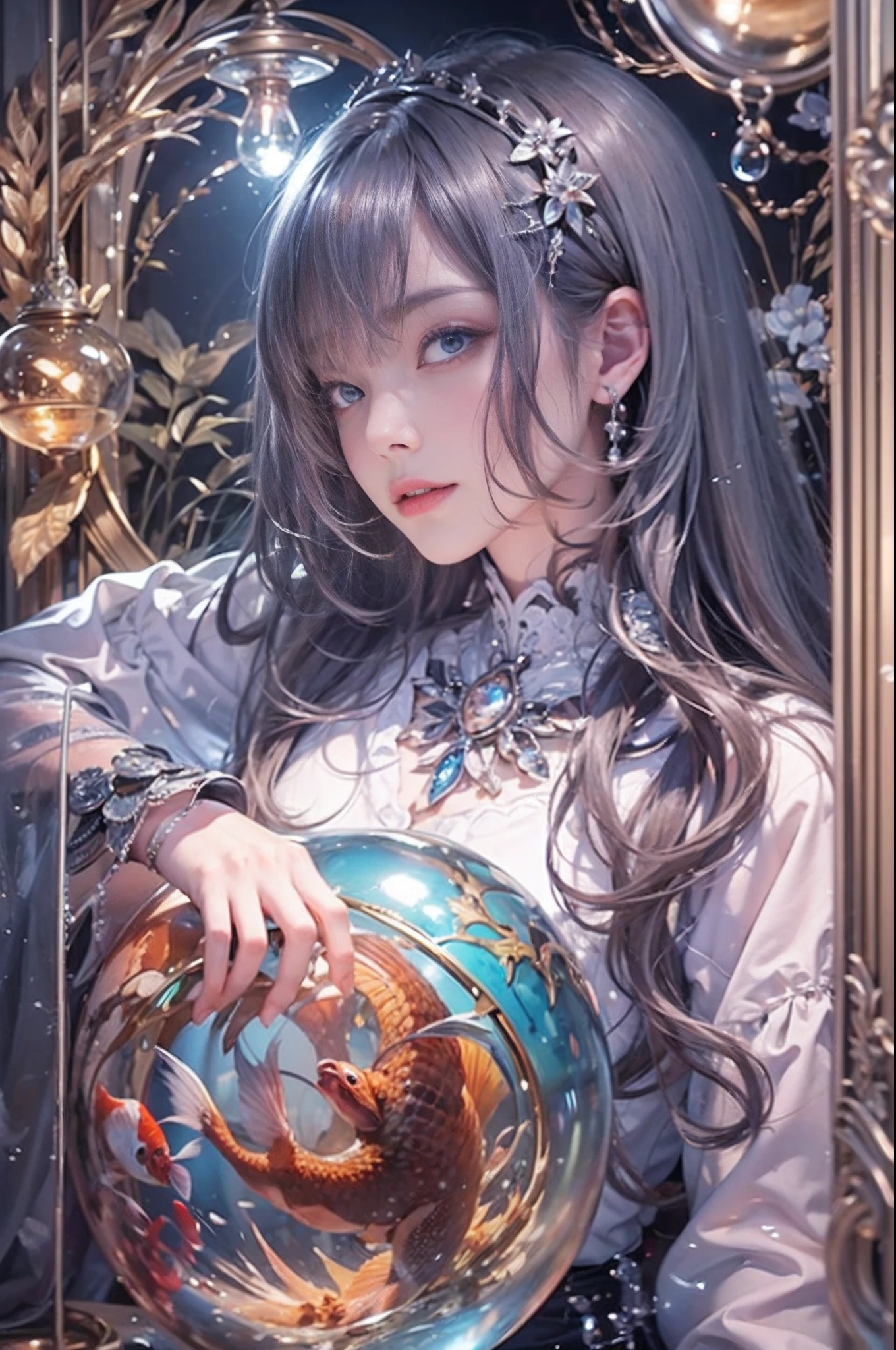 Best Quality, masutepiece, (Realistic:1.2), 1 girl, Detailed face, Beautiful eyes, [(Transparent background:1.5)::5],(((masutepiece))),(((Best Quality))),(((Extremely detailed))),Illustration, 1girll,Solo,Mysterious,vivd colour, shiny, Underwater transparent sealed hemispherical glass dome, (White hair),(Purple eyes), full body Esbian, Barefoot, Tranquility of long hair、naturey, Koi, under the water, dome, close up, Dynamic Actions, Lens perspective,(((Box configuration))),Sitting cross-legged，Leaning against the bookshelf, voluminetric lighting, multi-color eyes, Detailed eyes, ultra - detailed, lightsmile, Highly detailed, Beautiful, small detailed, ultra-detailliert, Best Quality, Convoluted, 4K, 8K, Trending on Art Station, Good anatomy, Beautiful lighting, Award-winning,