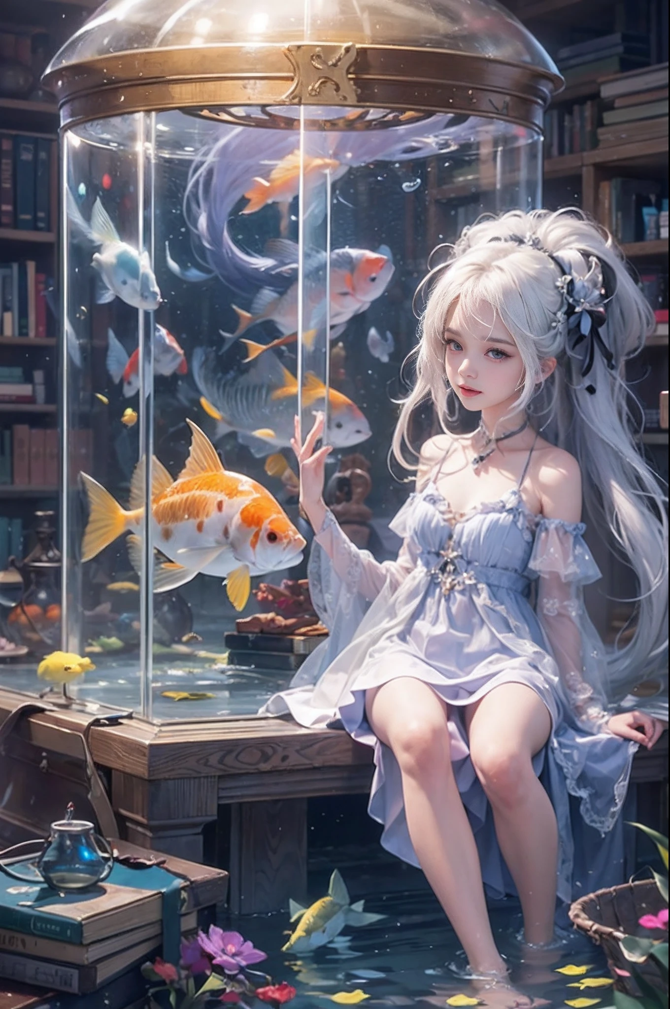 Best Quality, masutepiece, (Realistic:1.2), 1 girl, Detailed face, Beautiful eyes, [(Transparent background:1.5)::5],(((masutepiece))),(((Best Quality))),(((Extremely detailed))),Illustration, 1girll,Solo,Mysterious,vivd colour, shiny, Underwater transparent sealed hemispherical glass dome, (White hair),(Purple eyes), full body Esbian, Barefoot, Tranquility of long hair、naturey, Koi, under the water, dome, close up, Dynamic Actions, Lens perspective,(((Box configuration))),Sitting cross-legged，Leaning against the bookshelf, voluminetric lighting, multi-color eyes, Detailed eyes, ultra - detailed, lightsmile, Highly detailed, Beautiful, small detailed, ultra-detailliert, Best Quality, Convoluted, 4K, 8K, Trending on Art Station, Good anatomy, Beautiful lighting, Award-winning,