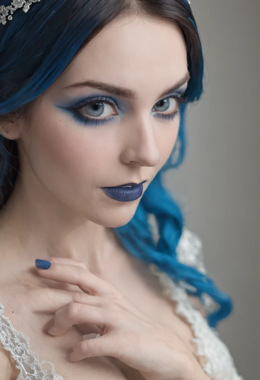 emily, corpse bride at 18 years old at the bed, on all fours showing her ass, pubic hair, blue hair, bridal diadem, deepthroating a 7 inches blue dildo