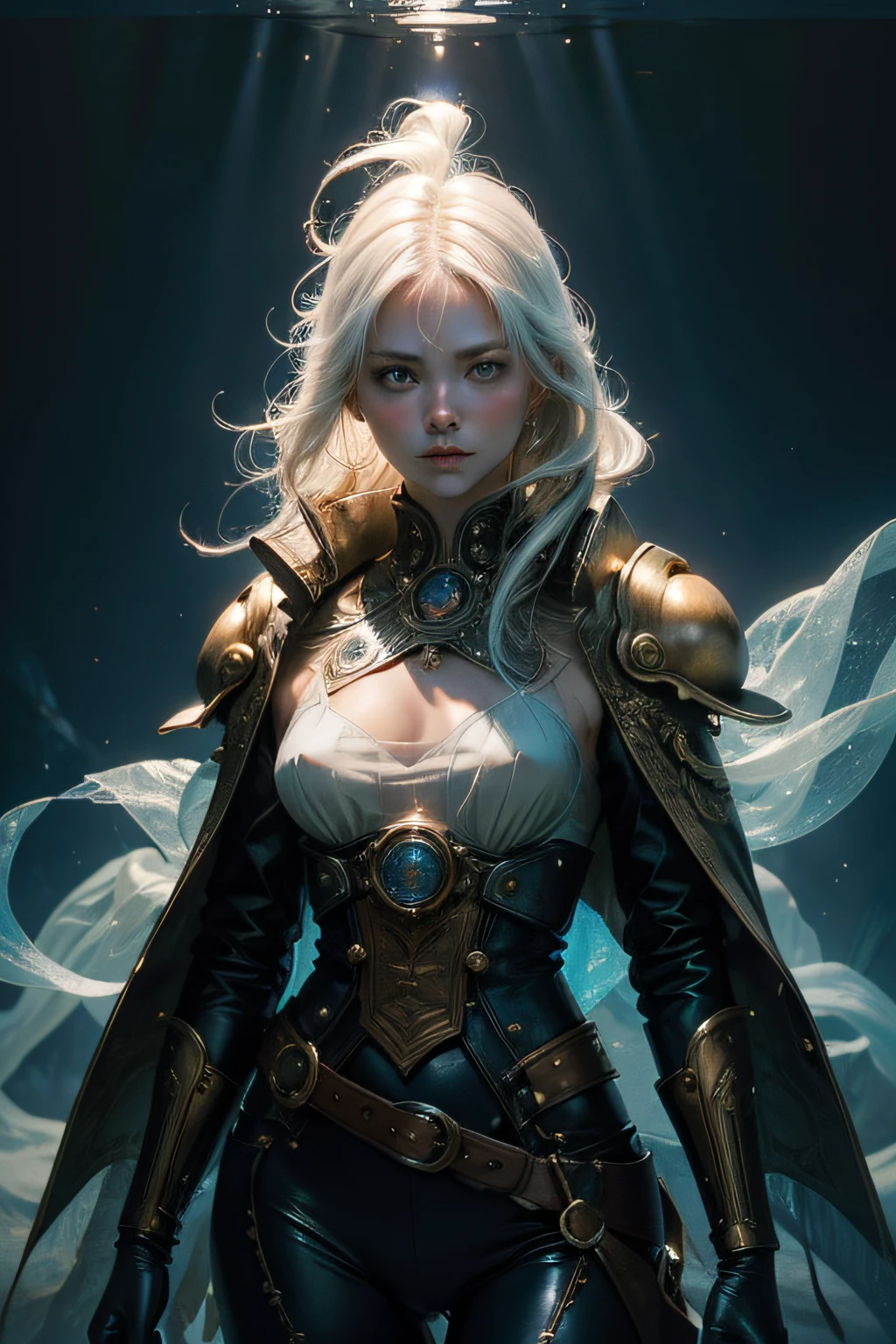 "classic steampunk(fur clothes), fiction, white, hair(white), best quality, woman, beautiful and aesthetic, freckled face, masterpiece, translucent cloth, creature, robotics, transparent membrane, emanating blue flame energy from its hands, featuring a magical face, full frame, Blue fire spell projectile, beautiful face, orange cloth, volumetric fog, 8k uhd, dslr camera, High quality, sharp focus, gorgeous, milky, high detailed skin, realistic skin details, film grain, fair skin, photorealism, Lomography, view from below, translucent, dynamic pose, delicate face, blue magic spells"