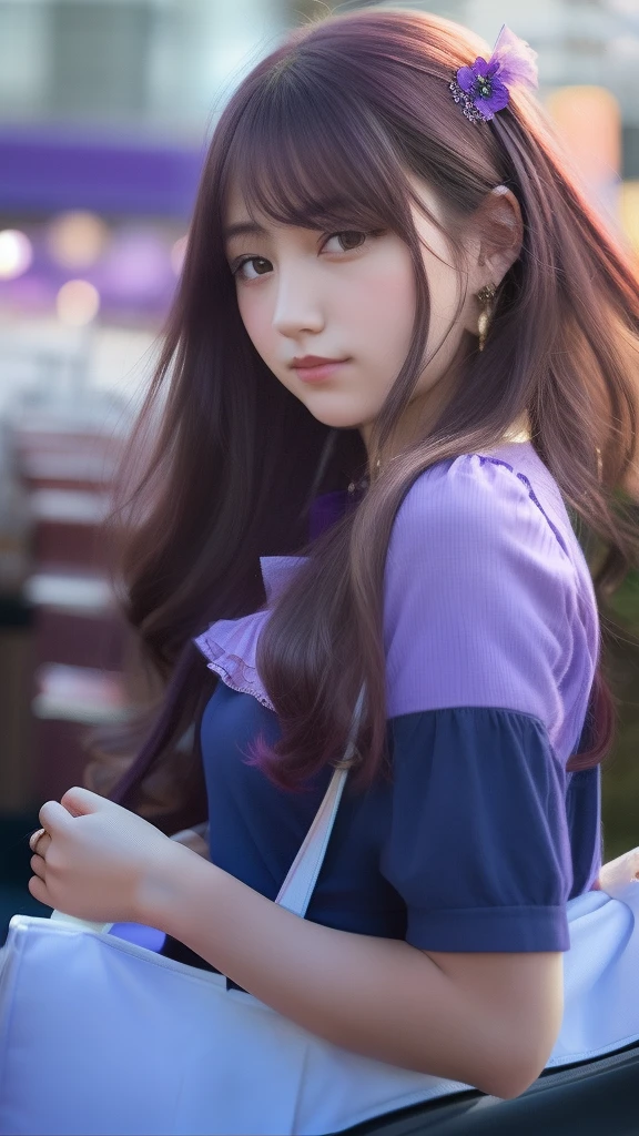 1girl, Fanny Skylark, Purple Clothes, Long hair, Black hair, realistic, ultra detail, 70mm lens,