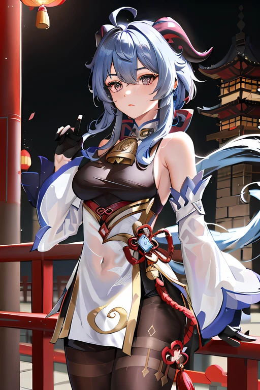 ganyu\(genshin impact\), 1girl, ahoge, architecture, bangs, bare shoulders, bell, black gloves, black tights, ((blue hair), blush, breasts, chinese knot, sleeve, East Asian architecture, flower knot, glove, horn, long hair, looking at the audience, medium chest, neckbell, night, outdoor, pantyhose, purple eyes, sideburns, solo, tassels, white sleeves, ((masterpiece))