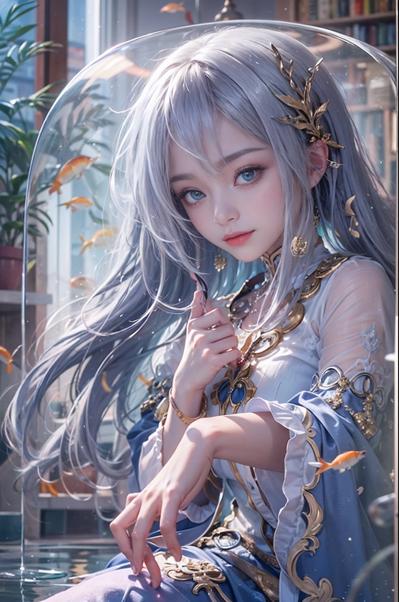 Best Quality, masutepiece, (Realistic:1.2), 1 girl, Detailed face, Beautiful eyes, [(Transparent background:1.5)::5],(((masutepiece))),(((Best Quality))),(((Extremely detailed))),Illustration, 1girll,Solo,Mysterious,vivd colour, shiny, Underwater transparent sealed hemispherical glass dome, (White hair),(Purple eyes), full body Esbian, Barefoot, Tranquility of long hair、naturey, Koi, under the water, dome, close up, Dynamic Actions, Lens perspective,(((Box configuration))),Sitting cross-legged，Leaning against the bookshelf, voluminetric lighting, multi-color eyes, Detailed eyes, ultra - detailed, lightsmile, Highly detailed, Beautiful, small detailed, ultra-detailliert, Best Quality, Convoluted, 4K, 8K, Trending on Art Station, Good anatomy, Beautiful lighting, Award-winning,