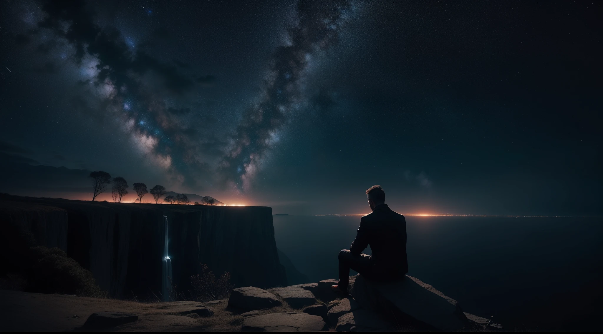 Homem de cabelos e barba vermelho cor de fogo, sitting on the edge of an imposing cliff. He has a bent leg and his arm supported, holding a lit cigarette with a contemplative expression. His gaze is fixed on the visible galaxy on the horizon, onde um buraco negro domina o centro, evoking a climate of sadness and darkness. The atmosphere is nocturnal, with a sky full of cool colors and twinkling stars. Ao lado do homem, rests a black guitar, whose surface reflects the stars above, creating a magical and ethereal effect. The wooden body of the guitar captures starlight in subtle ways, adding a touch of serenity to the dark scene. The overall composition conveys a sense of introspection and connection to the cosmos, while the melody of the guitar seems to echo through the vastness of space.