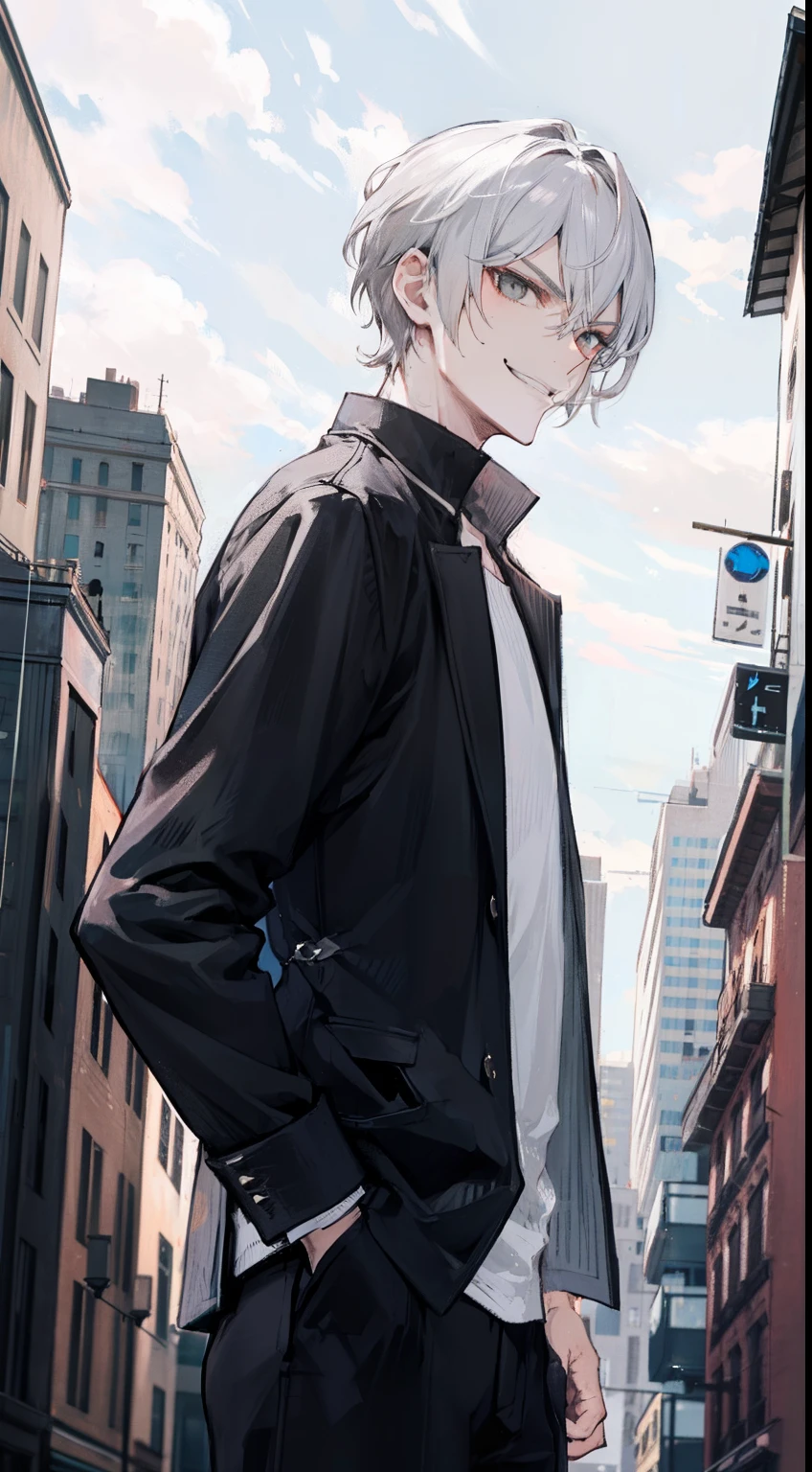 A man, gray hair and gray eyes, sharp short hair, city, badass, mascular, evil smile