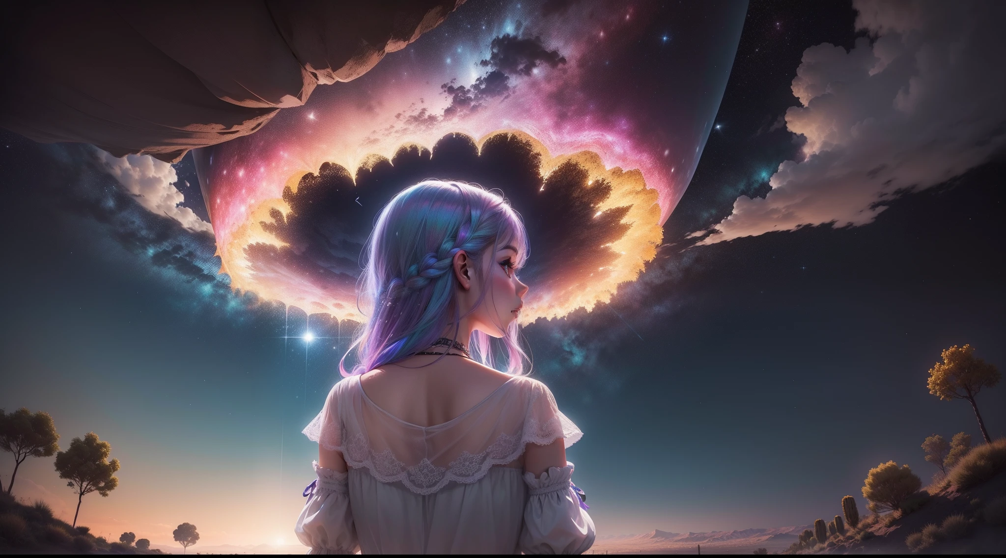 Fotografia de paisagem expansiva, (View from below with a view of the sky and desert below), Girl standing in a field of flowers looking up, (lua cheia: 1.2), (estrela cadente: 0.9), (nebulosa: 1.3), montanha distante, tree breaking production art, (fonte de luz quente: 1.2), (vagalume: 1.2), bulb, roxo e laranja, detalhe intrincado, Volume Lighting, quebra de realismo (obra-prima: 1.2) (Melhor Qualidade), 4K, ultra-detalhado, (Dynamic configuration: 1.4), detalhes altamente detalhados e coloridos, (cores iridescentes: 1.2), (bright illumination, Atmospheric Illumination), sonhador, magica, (solo: 1.2)