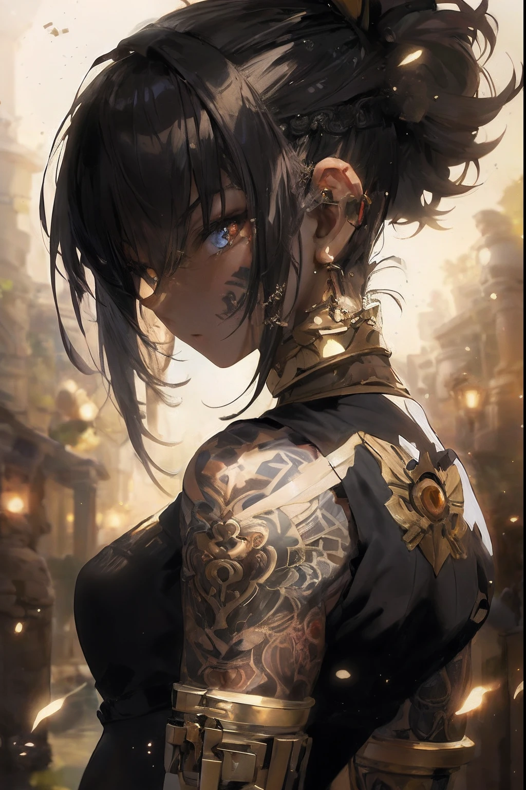 A closeup of a woman with a tattoo on her blue arm, olhos azuis, intrincado estilo cgi anime ornamentado, arte de anime digital detalhada em azul, arte detalhada do anime, arte detalhada do personagem de anime, por Yang J, arte detalhada do anime, arte de anime limpa e detalhada, anime epic artwork, fanart requintada altamente detalhada, arte chave detalhada do anime, epic exquisite character art, corpo intrincado, black anime manga girl