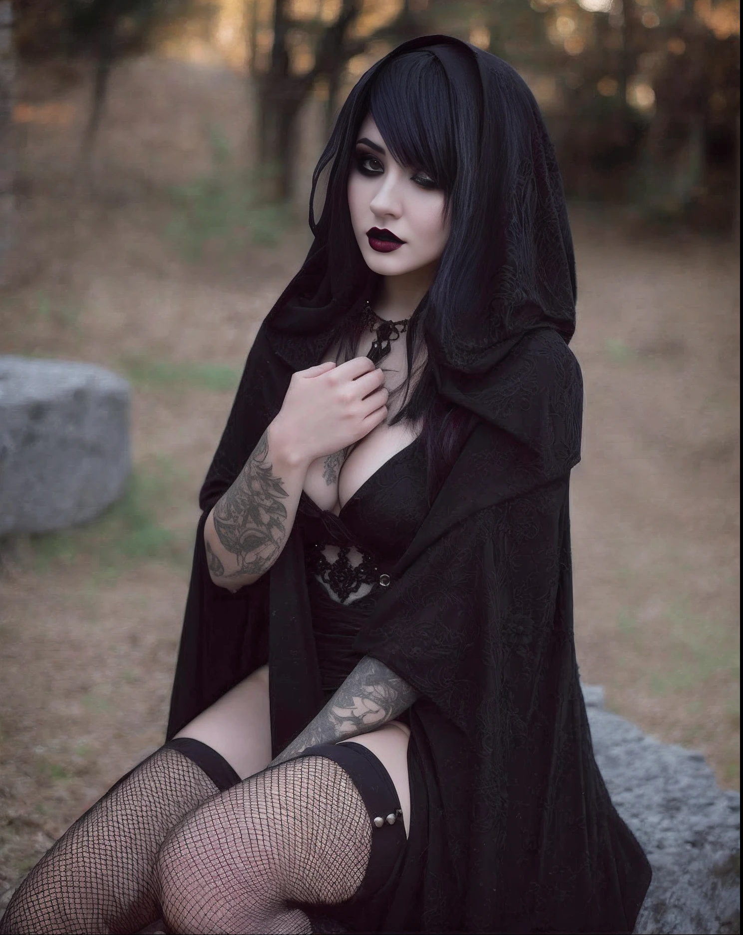 Woman in black dress sitting on the rock with hood over her head, gothic wearing hooded dark cloak, goth woman, goth girl, Bruxa Vestida Escura, gothic horror vibes, Bruxa das Trevas, bruxa escura da moda, gotic girl, gothic maiden, Capuz redondo preto e capa, necromancer bonita, very beautiful goth top model, detailed gothic cloak
