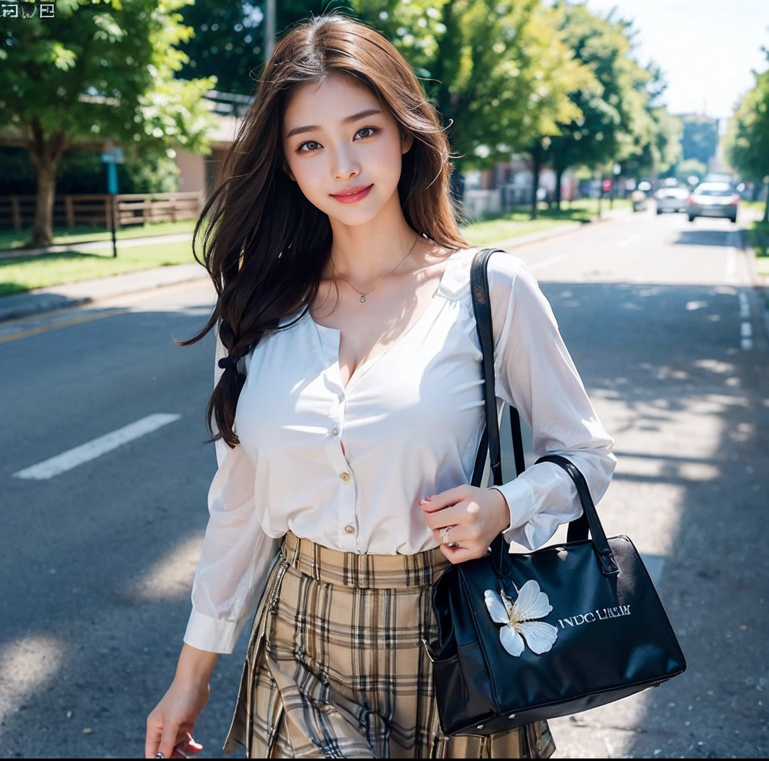 (top-quality、masterpiece)、(Realistic lighting with shadows)、huge filesize、hight resolution、elegent、realisitic、intricate detailes、(Perfect anatomical depiction of the human body)、1 girl with big、((Miraculous Super Size))、She is a teenage girl、((Beautiful light brown eyes with glowing highlights))、Her charming little thin lips are、No lipstick, however、It's shiny、Brunette hair fluttering in the wind、 Backlit braided half-up hair、High school girl in summer clothes、Wear casual wear。Too tight for her huge blouse、Backed by all powerful buttons。、Skirt Pleated Mini with Tartan Check((The girl's breasts are not exposed at all))But、Very large breasts、Very beautifully、Looks like a school goddess。This picture is taken from the front.(It is a photo of a smile that looks like a wonderful flower blooming、Holding the bag in both hands。
