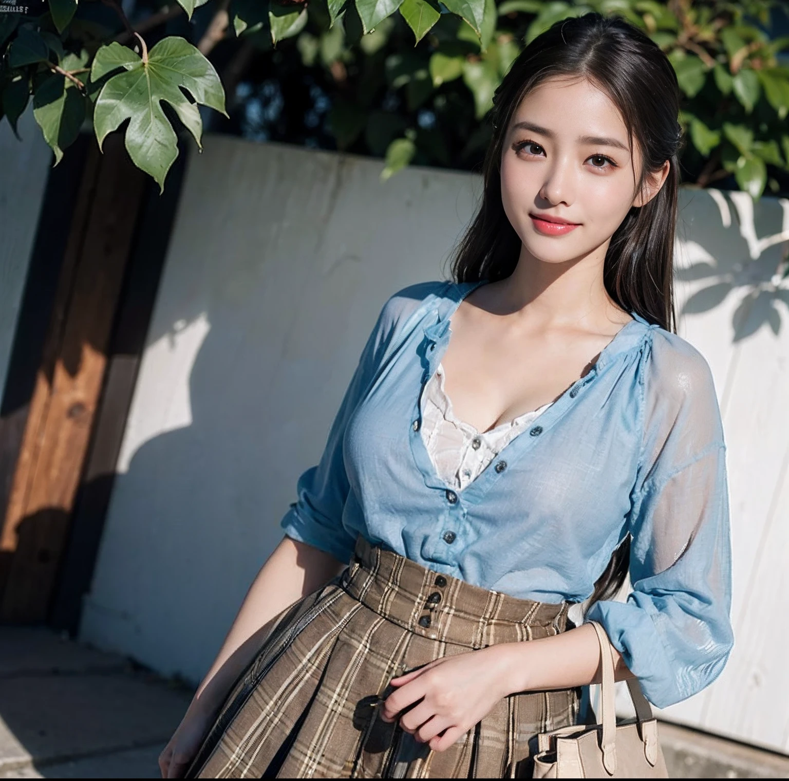 (top-quality、masterpiece)、(Realistic lighting with shadows)、huge filesize、hight resolution、elegent、realisitic、intricate detailes、(Perfect anatomical depiction of the human body)、1 girl with big、((Miraculous Super Size))、She is a girl、((Beautiful light brown eyes with glowing highlights))、Her charming little thin lips are、No lipstick, however、It's shiny、Brunette hair fluttering in the wind、 Backlit braided half-up hair、High school girl in summer clothes、Wear casual wear。Too tight for her huge blouse、Backed by all powerful buttons。、Skirt Pleated Mini with Tartan Check((The girl's breasts are not exposed at all))But、Very large breasts、Very beautifully、Looks like a school goddess。This picture is taken from the front.(It is a photo of a smile that looks like a wonderful flower blooming、Holding the bag in both hands。