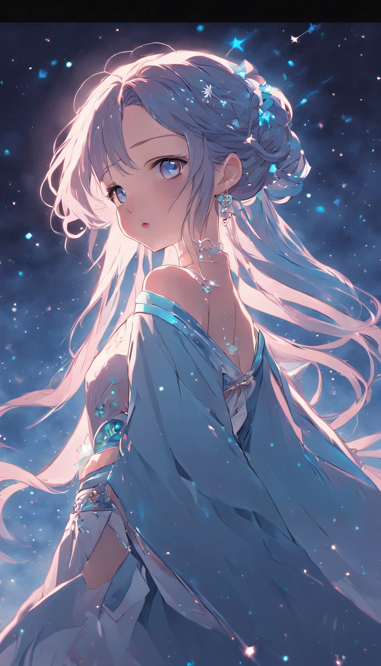 (best qualtiy,tmasterpiece), Beautiful teenage girl, Beautiful goddess, ((period costume, Hanfu, One shoulder)), Beautiful hair accessories, the night, starrysky, cold light, (In pink, cyan colors, white colors), ((From below)), ((full bodyesbian)), ((Realistic))