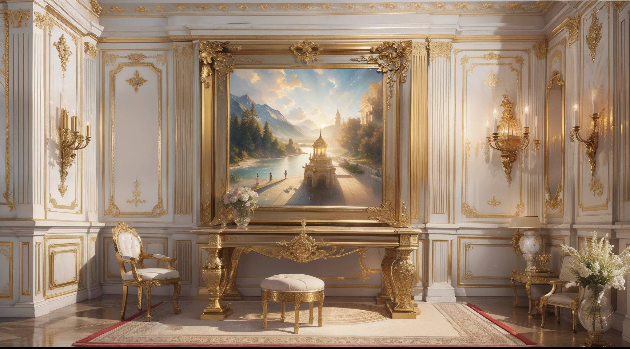 shot from front、Office、The whole picture、Quite large room、Quiet room、ornamented、opulent、glimmering light、golds、Pedras preciosas、precious metal、marbled、picture frame、wall-paper、​masterpiece, top-quality, in 8K , intricate detailes, ultra-detailliert , light Particle、32K Digital Paint, Hyper-Realism,