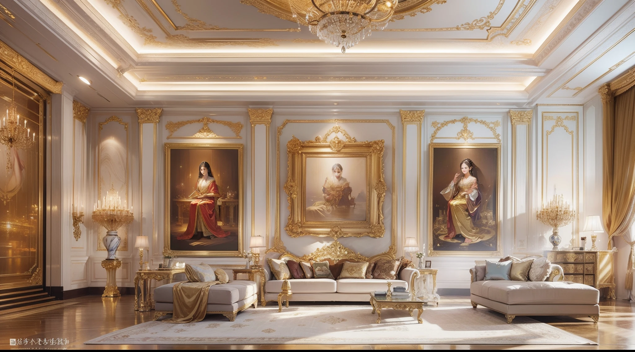 shot from front、Office、The whole picture、Quite large room、Quiet room、ornamented、opulent、glimmering light、golds、Pedras preciosas、precious metal、marbled、picture frame、wall-paper、​masterpiece, top-quality, in 8K , intricate detailes, ultra-detailliert , light Particle、32K Digital Paint, Hyper-Realism,