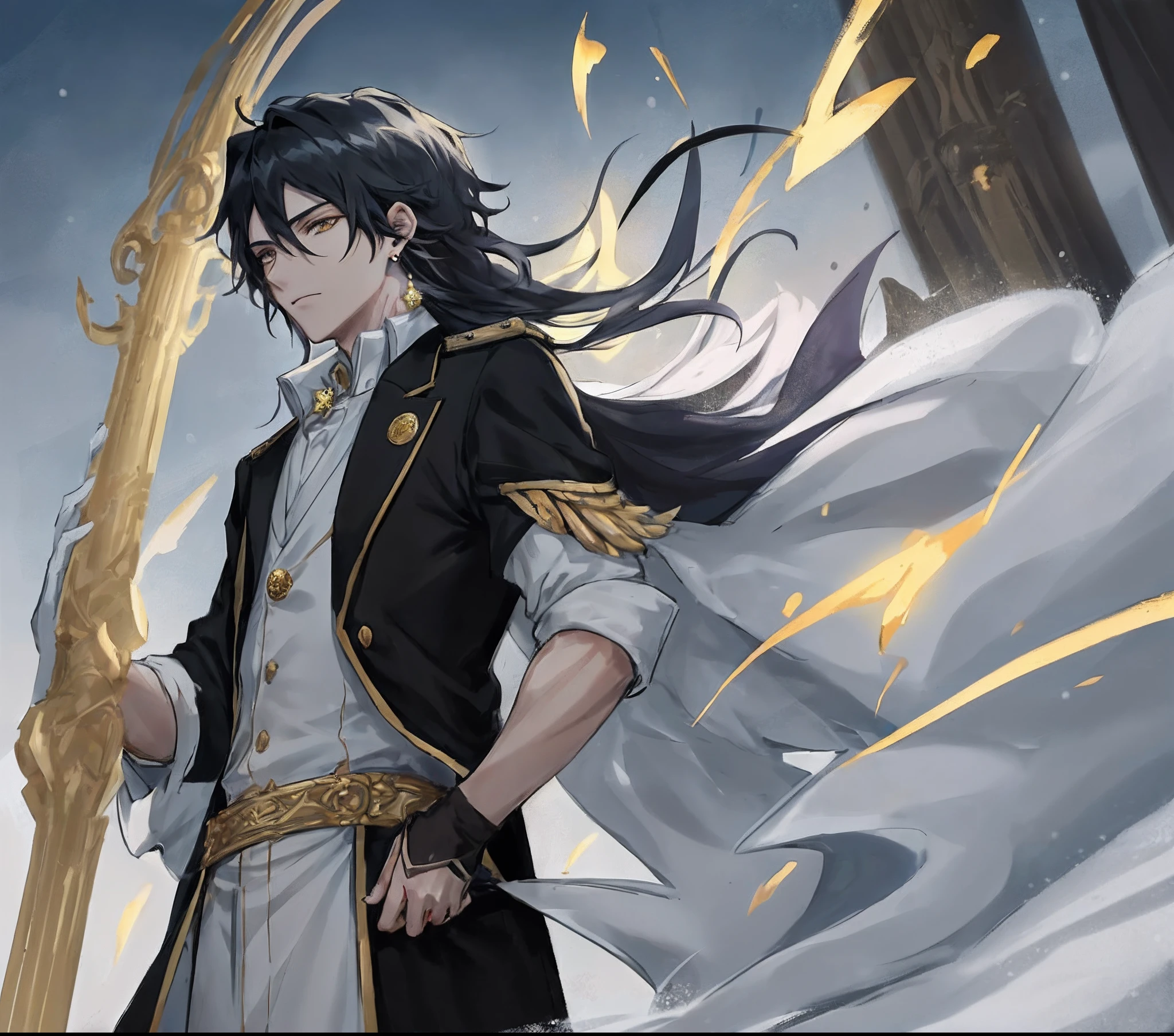 a prince anime (-17with long black hair with a few strands of white glitter, golden eyes like golden lights in the sky, wearing a pair of earrings symbolizing the sun, wearing a black suit with a triangle pattern, tall body, the collar shows off his muscles, looks cold and forbidding, the skin is as white as snow, classic style