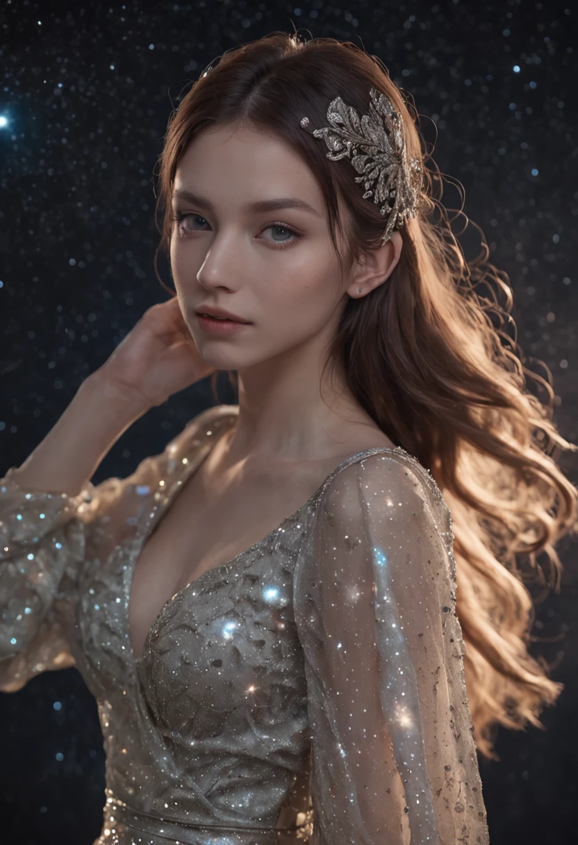 32k, raw photo,(full body)(masterpiece), (best quality), ((ultra-detailed)), (hyperrealistic), (highly detailed photo),(she itself emits fluorescence as a whole:1.5),8k, raw photo, , stars, night sky,moon,ventania, best quality, Masterpiece, highdetailRAWcolorphoto, profesional photo,(highdetailskin:1.2), (The skirt emits a faint light:1.7),  cinematic lighting, photorealistic, extremely beautiful young lady in the marble rocks, dramatic pose, intricate detailed fluorescence glittering ancient greek style pearl dress, shining, gloss, crisp, flirty, epic, focus, artistic, very bright, intricate hairstyle, pattern, bas-relief