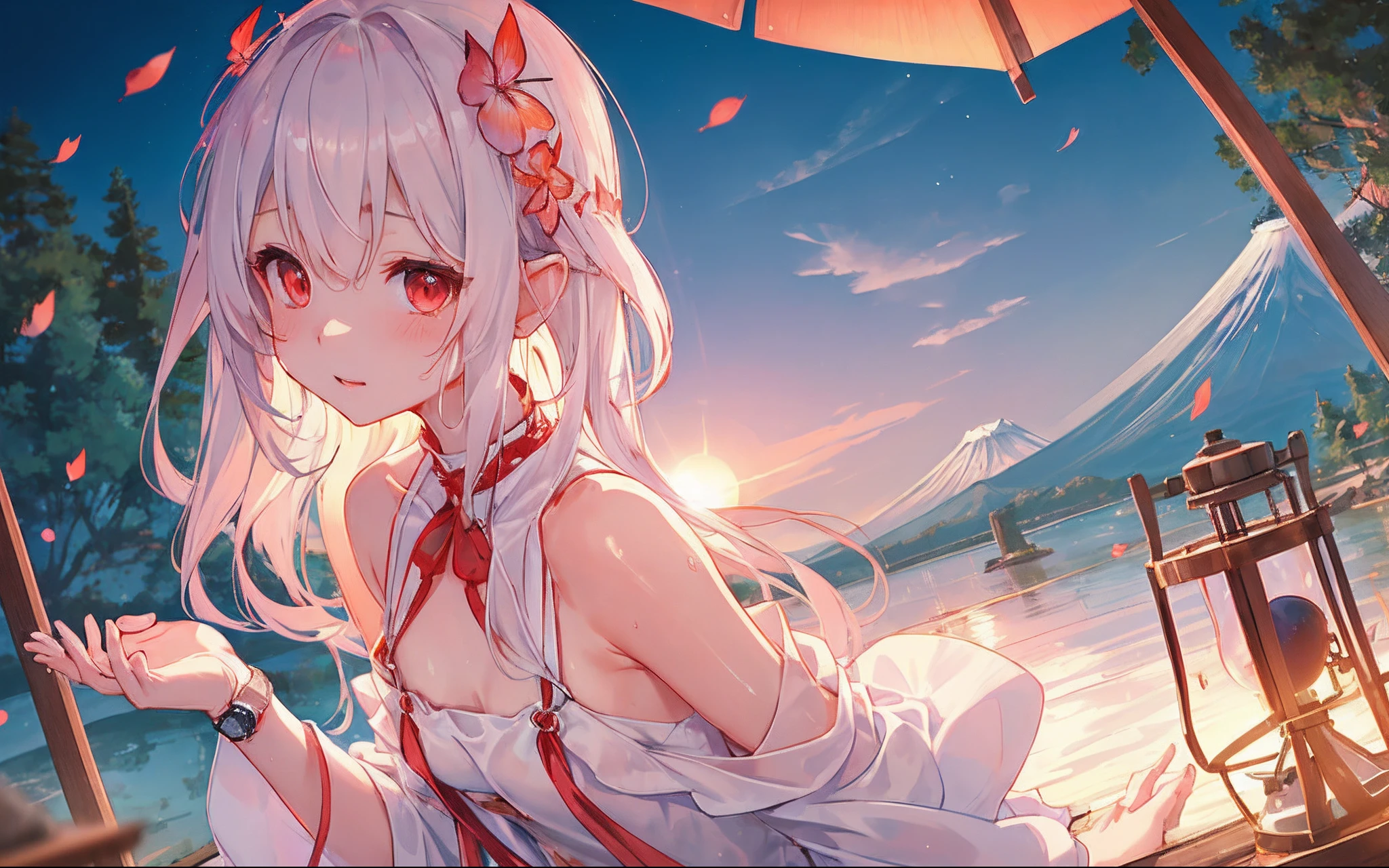 [(White background:1.3)::3],dynamic ungle,Bottle bottom,(Faltcolor:1.2),(Watch the vibrations:1.3),colourfull,Floating wind,(Top image quality), (monk), (Detailed eye description)、(Macro shot:1.25)、(8k wallpaper)、(Detailed face description)、depth of fields、(lensflare)、 Floating water、(Mt fuji:1.3)、Floating rain、rivulets、wasteland、Small dust、(the wind))、the wind、夏天、the setting sun、(blurry backround)、Road by the sea、Mountains and forests、Eau、playing in the water、partially_submerged、(Strong sunshine:1.2)、(altocumulus:1.2)、butterflys、falling petals、(is standing:0.85)、 (a closeup:0.8)、(fish-eye lens:1.2)、(1loli:1.2)、tiny chest、length hair、hair adornments、Detailed beautiful eyes、耳Nipple Ring、(intricate clothing:1.3)、a short skirt、bare shoulders​、(doress)、(satin、plunging_neckline、sleeveless、semi transparent、Wet clothes:1.2)、鎖骨、pointy ear、red eyes、(From  above:1.2)