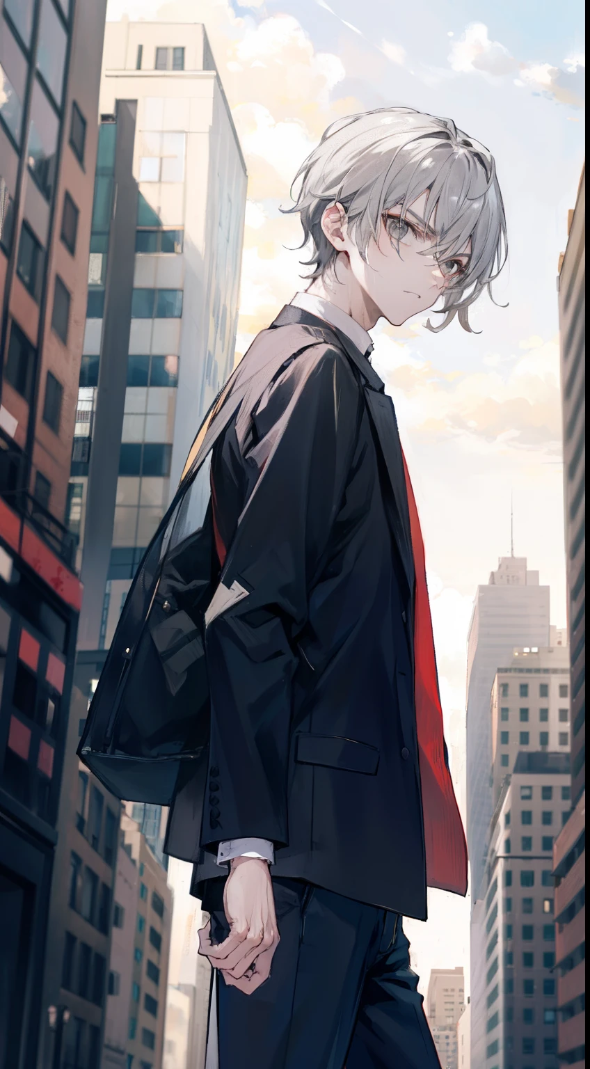 A man, gray hair and gray eyes, sharp short hair, city, badass, mascular