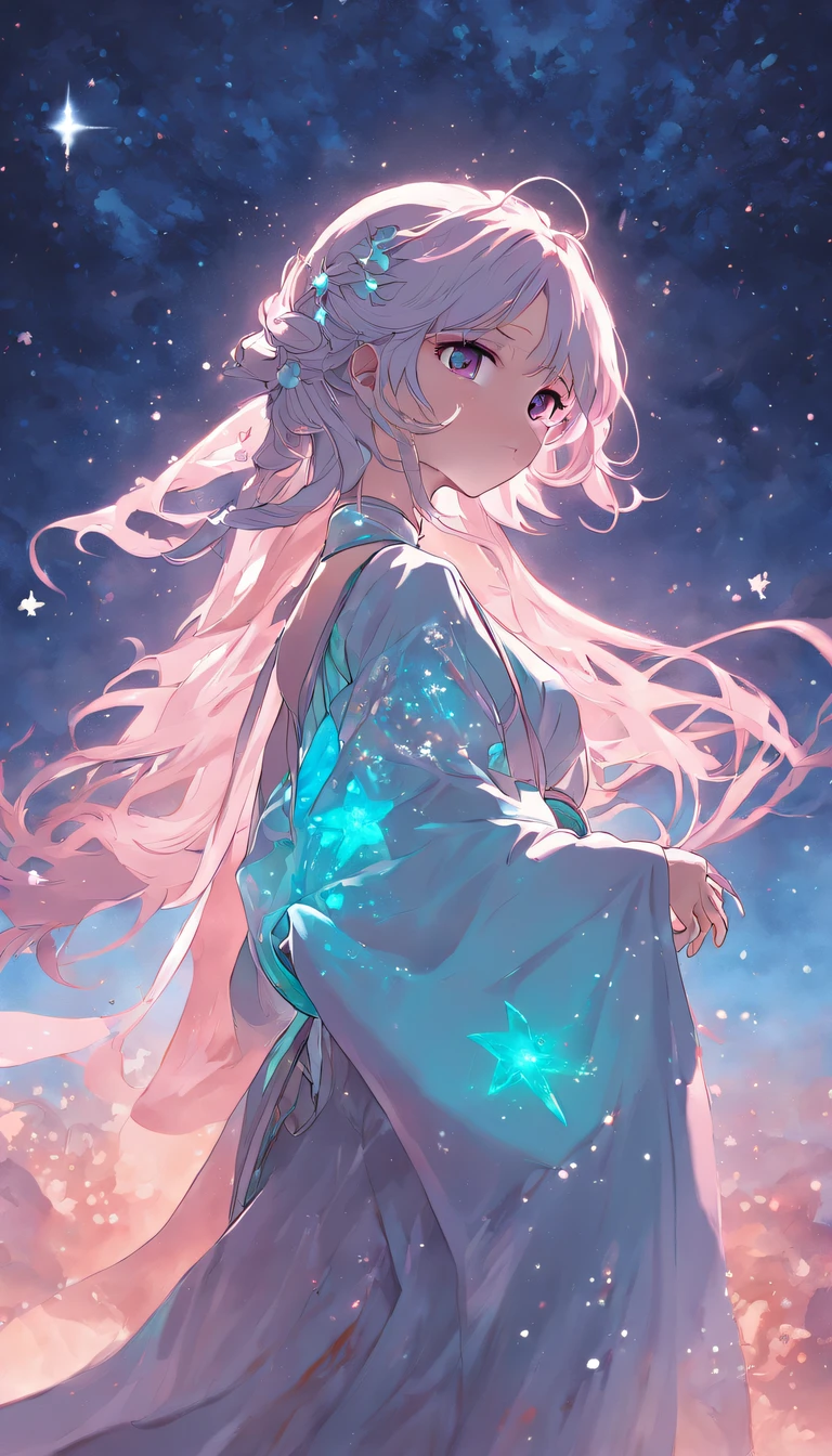 (best qualtiy,tmasterpiece), Beautiful age girl, Beautiful goddess, ((period costume, Hanfu, One shoulder)), Beautiful hair accessories, the night, starrysky, cold light, (in pink, cyan colors, white colors), ((from below)), ((full body)), ((realistic))